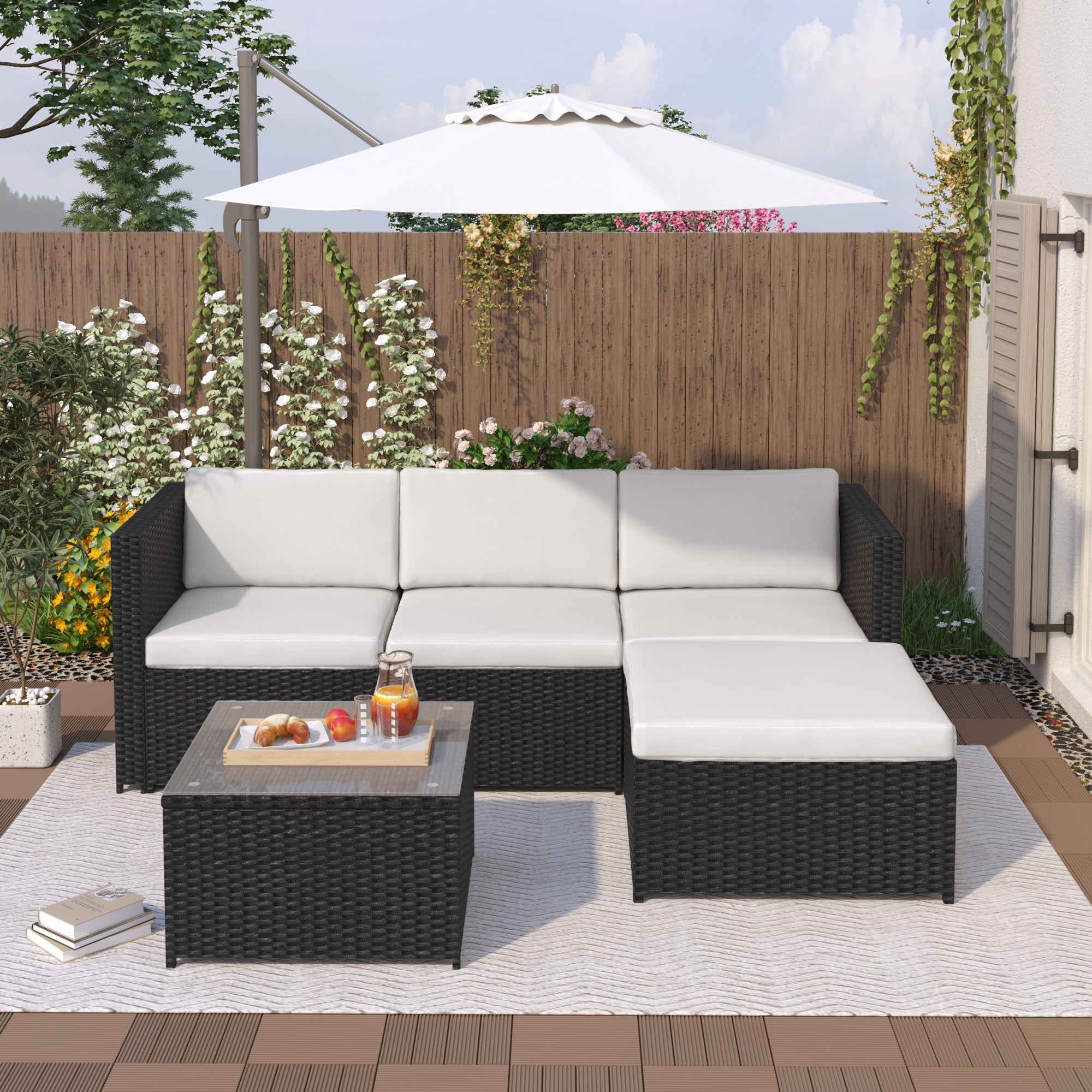 Polyrattan Lounge Sofa Set with Cushions and Glass Top Table, Black