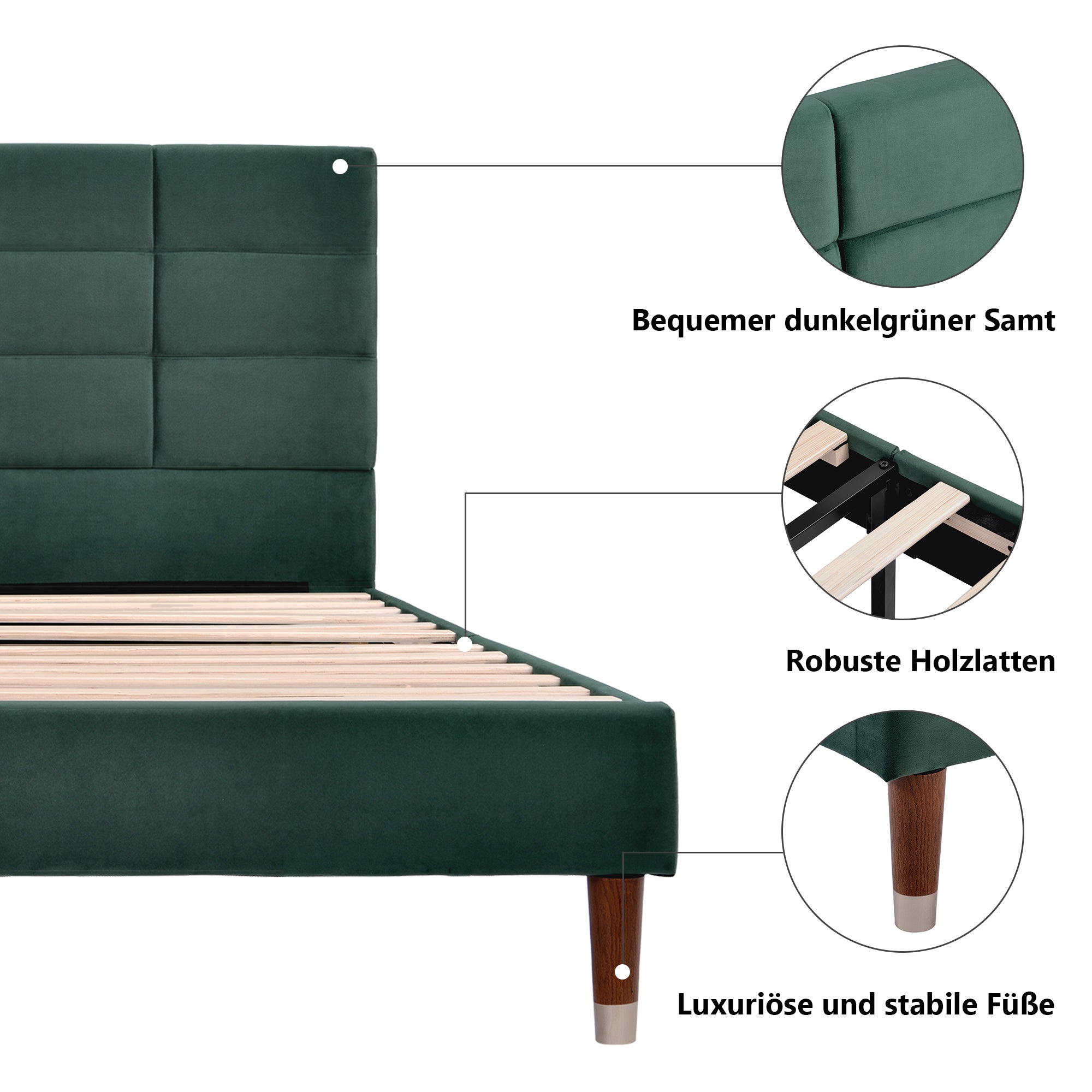 Upholstered bed, double bed with slatted frame 140x200cm, dark green velvet