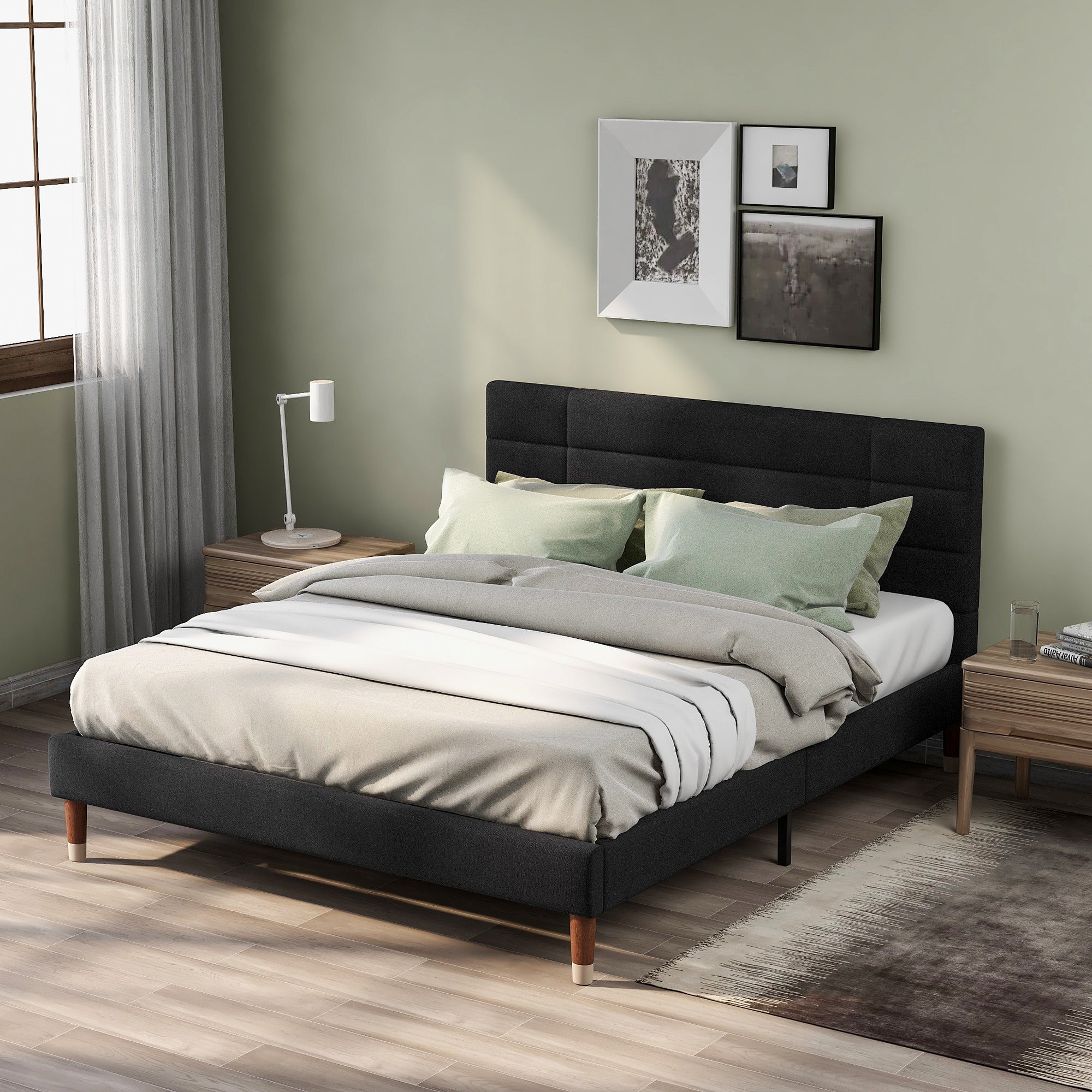 Upholstered Double Bed, 140x200cm with Headboard, Black Linen
