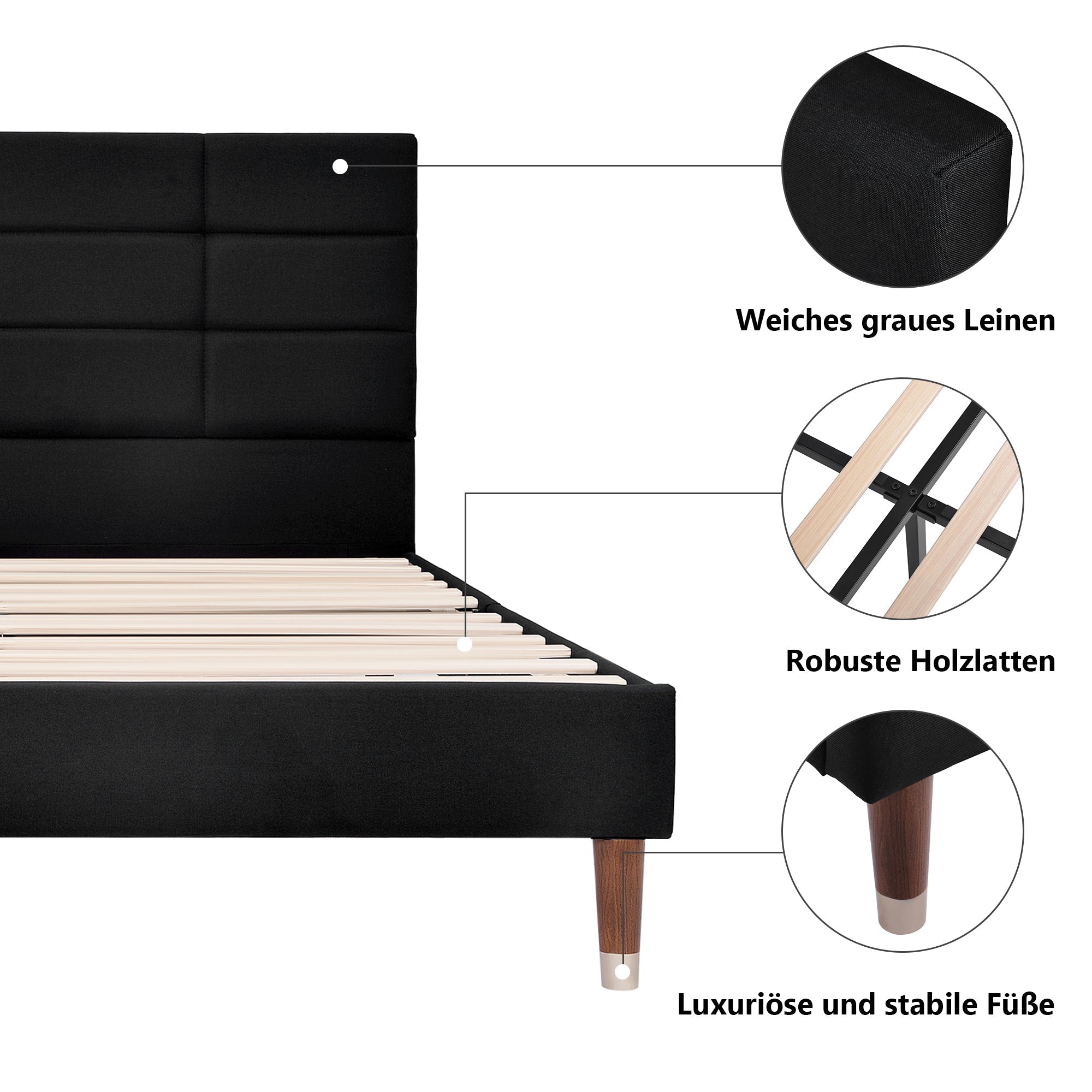 Upholstered bed, double with slatted frame 140x200cm, black linen