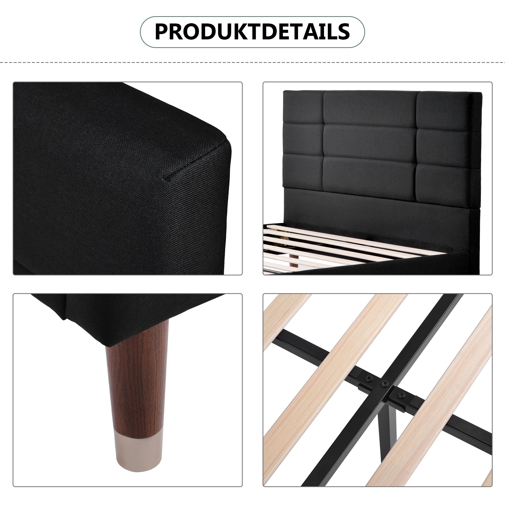 Upholstered Double Bed, 140x200cm with Headboard & Slatted Frame, Black Linen