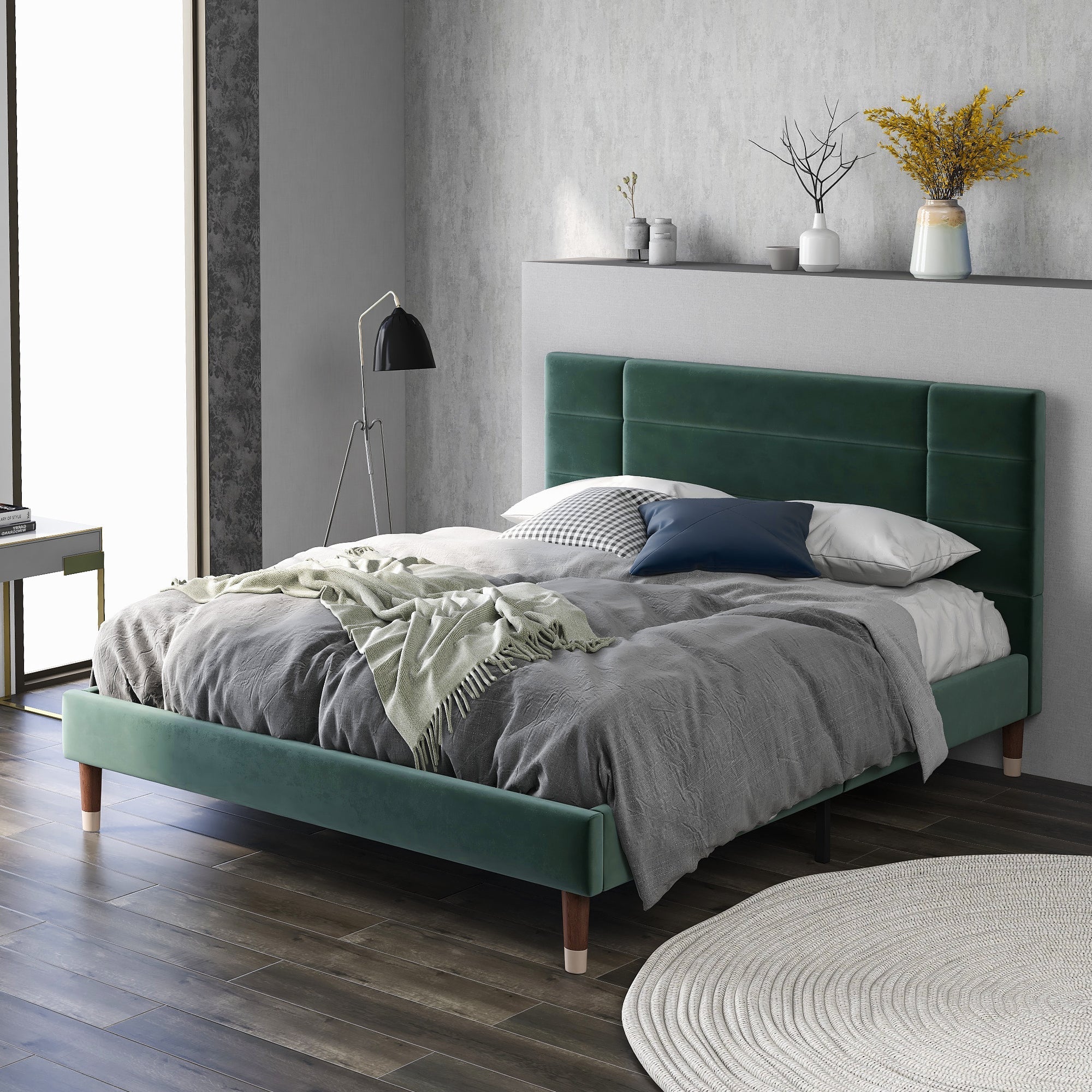 Upholstered bed, double bed with slatted frame 140x200cm, dark green velvet