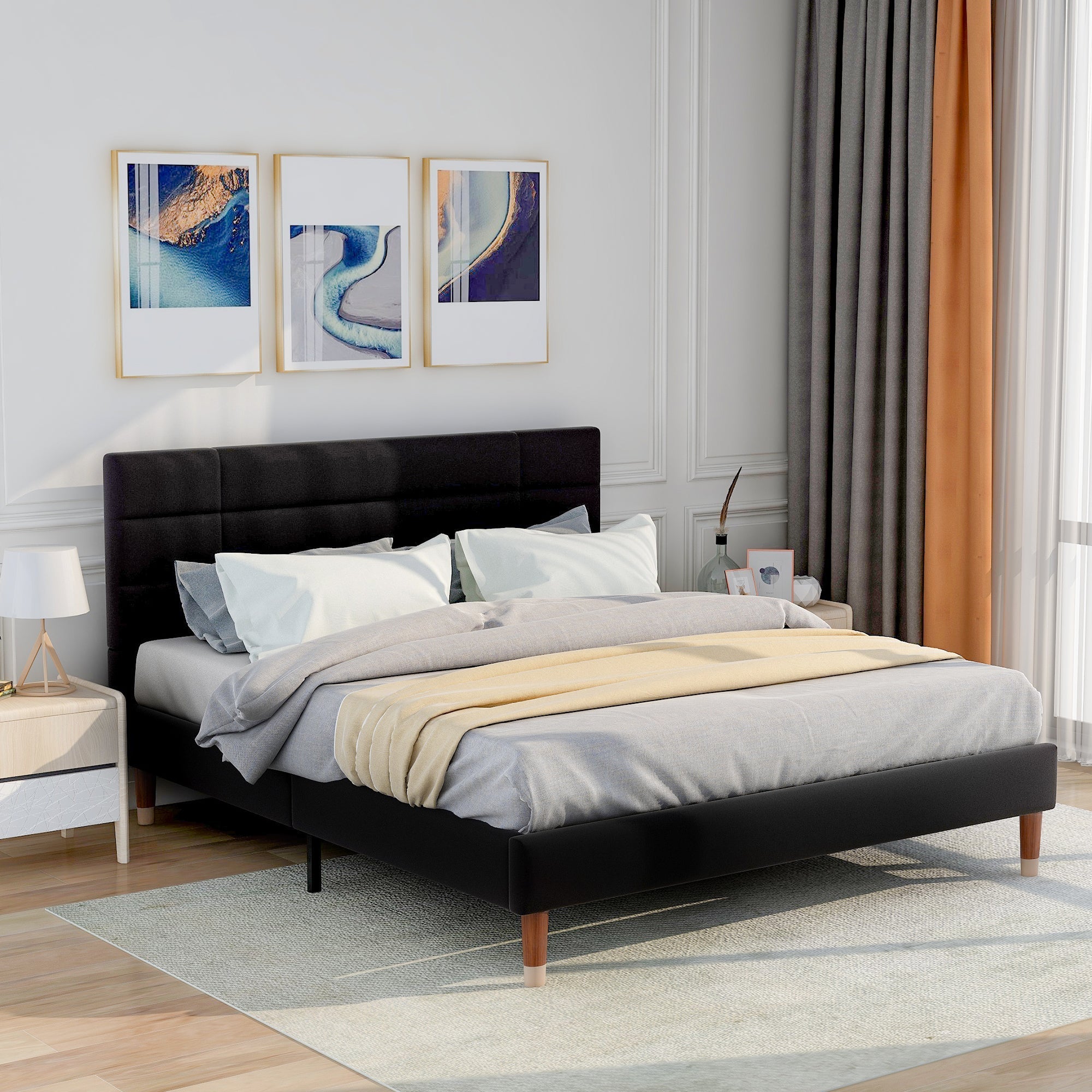 Upholstered bed, double with slatted frame 140x200cm, black linen