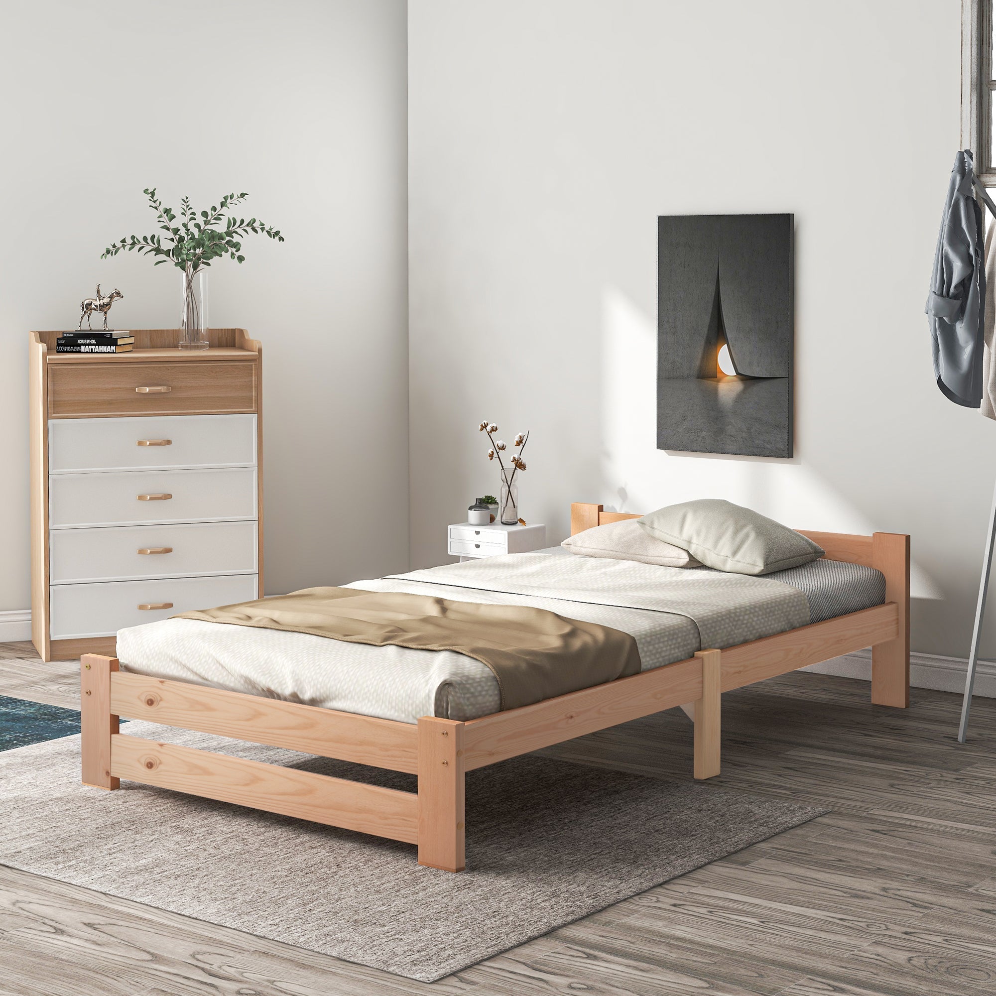 Solid Wood Futon Bed with Headboard and Slatted Base, Natural (200x90cm)