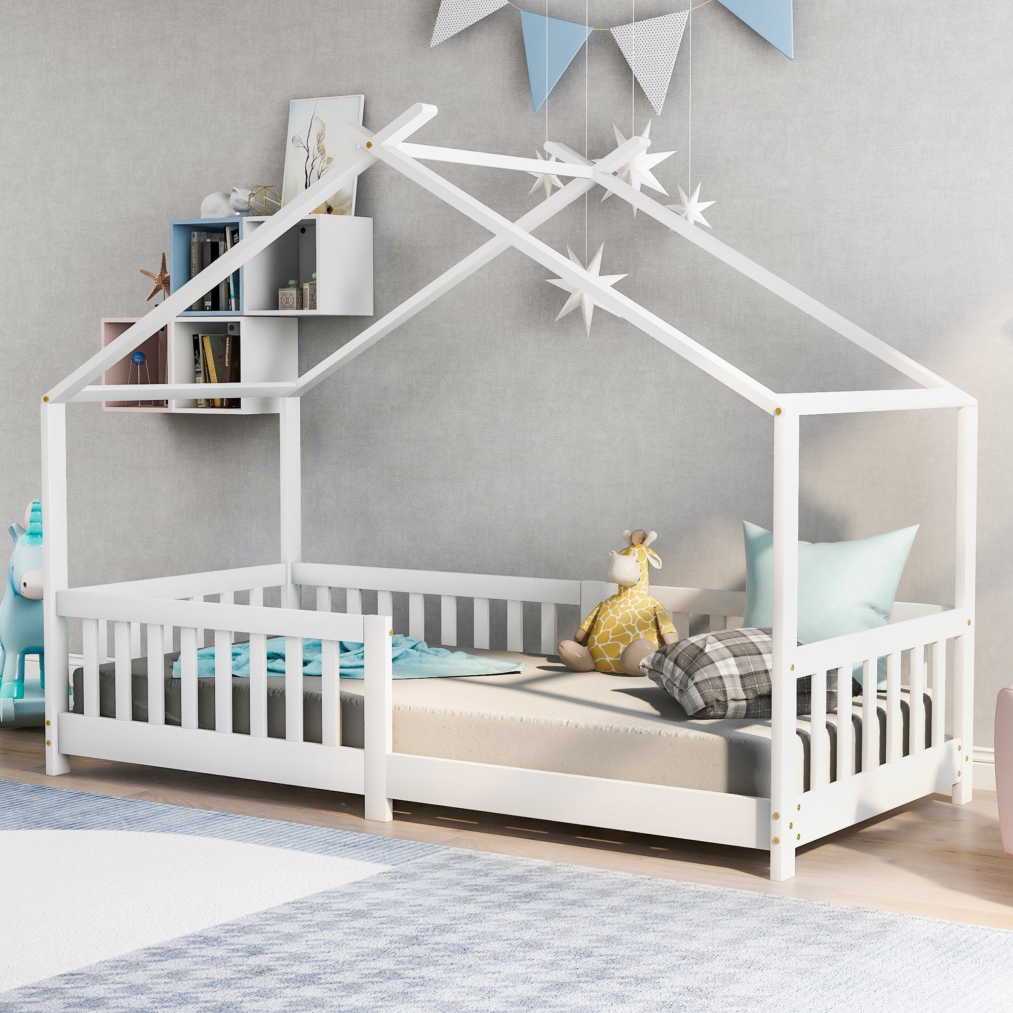 House Bed, Solid Wood with Fence & Slatted Frame, Fall Protection, White