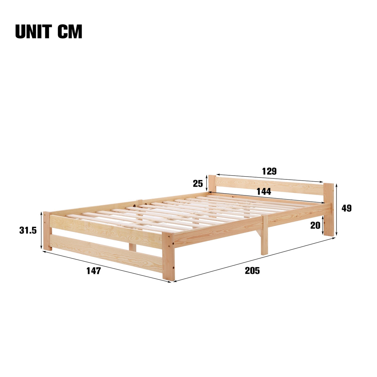 Futon Bed Solid Wood Headboard Slatted Base 200x140cm Natural Wood