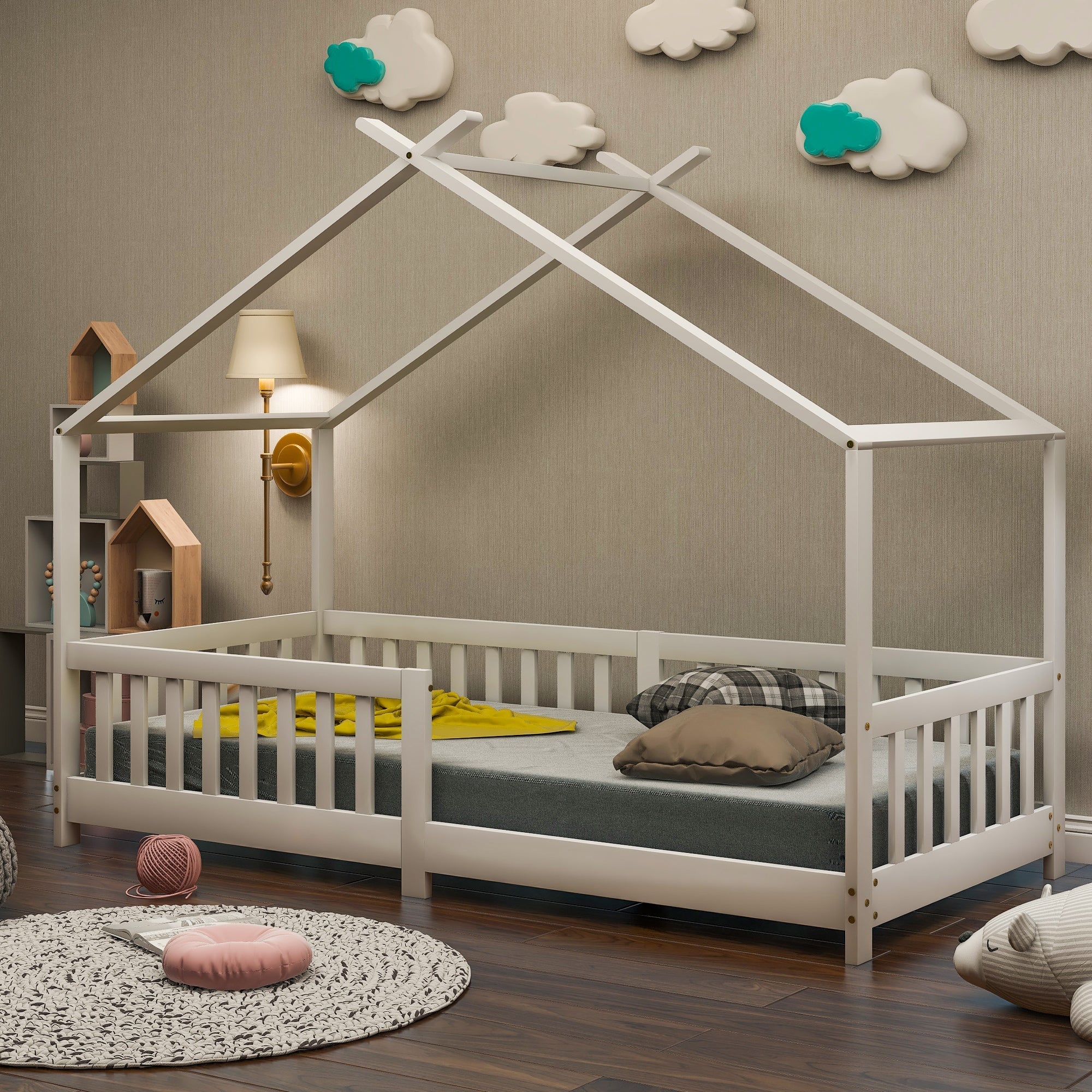 House Bed, Solid Wood with Fence & Slatted Frame, Fall Protection, White