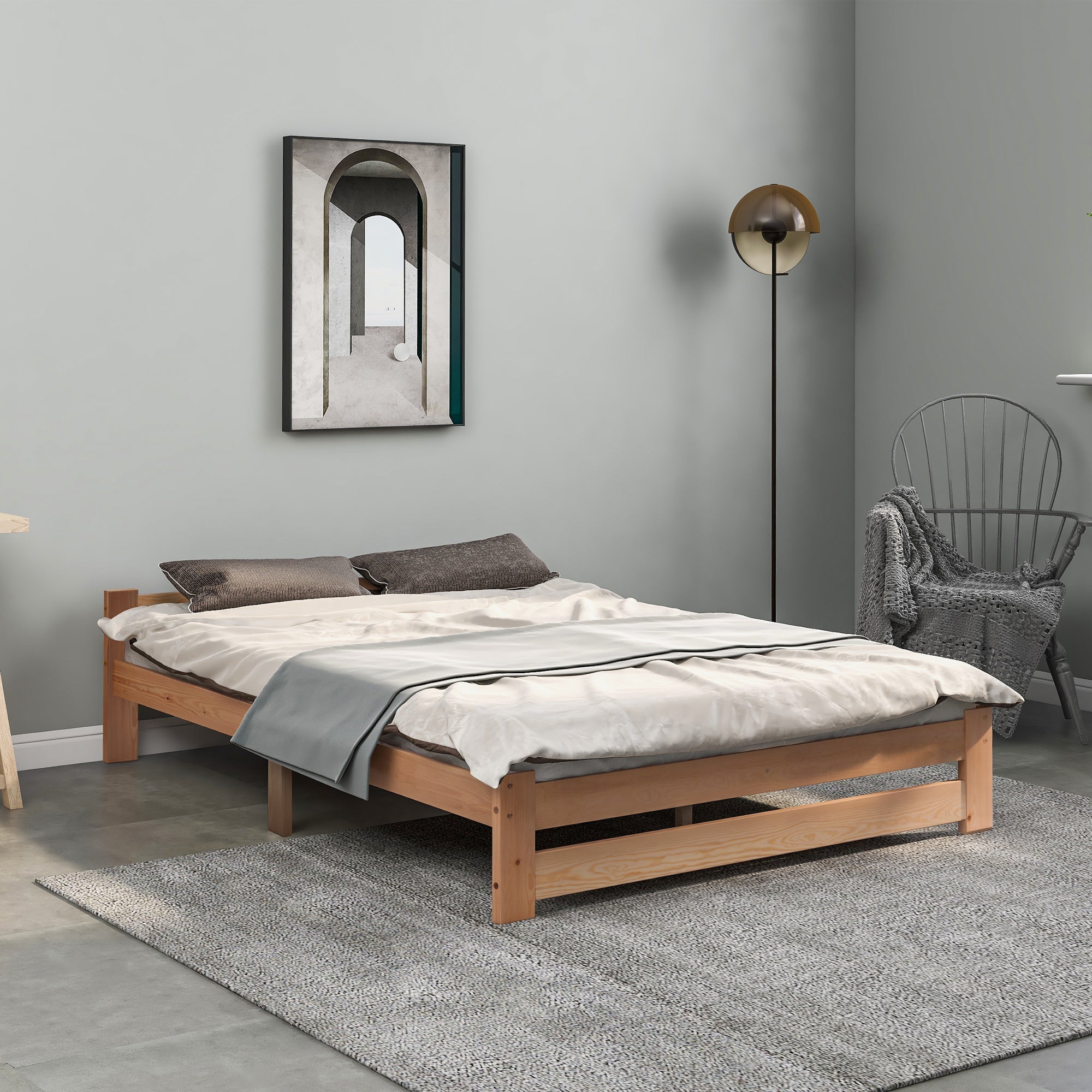 Solid Wood Bed Futon with Headboard & Slatted Frame, Natural
