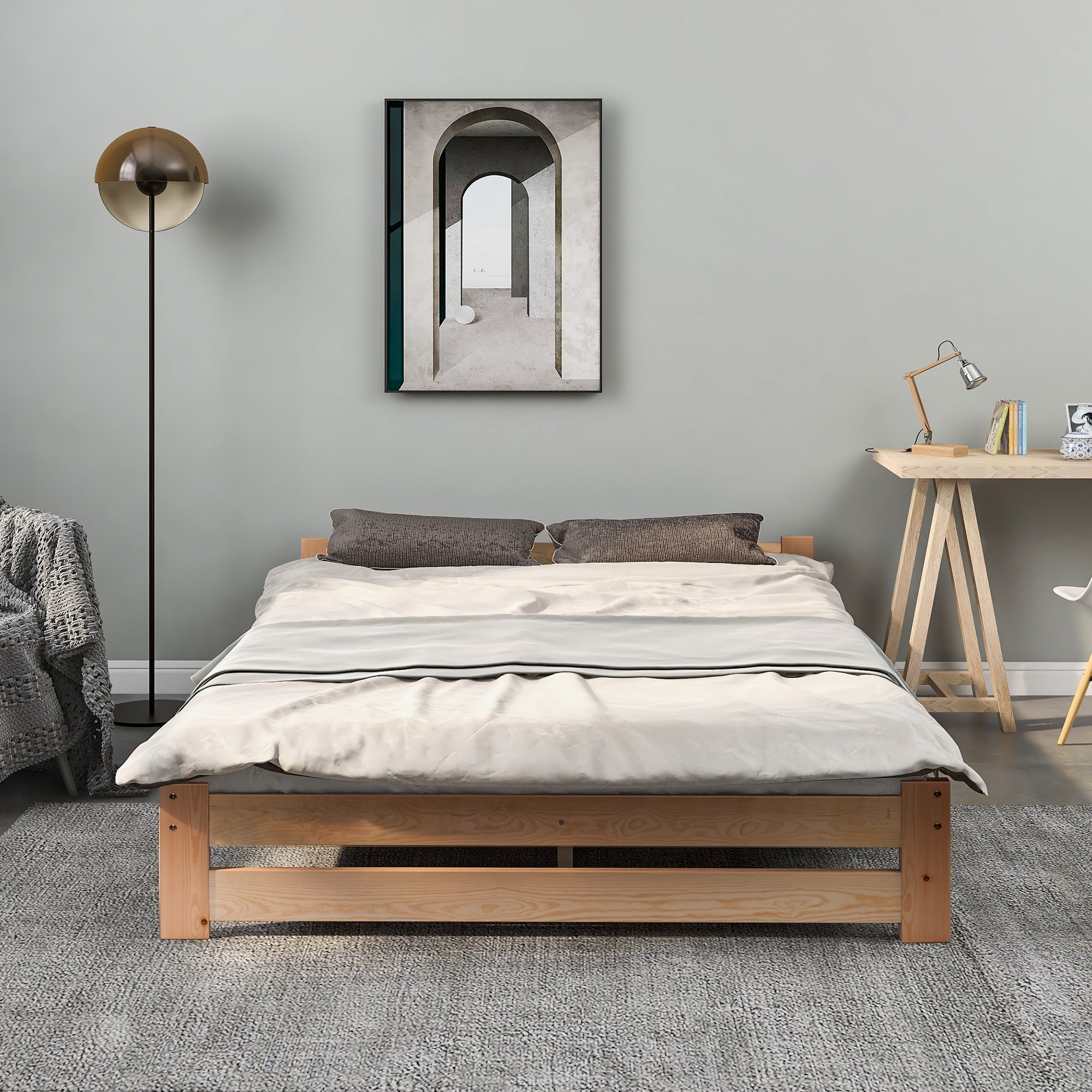 Solid Wood Bed Futon with Headboard & Slatted Frame, Natural