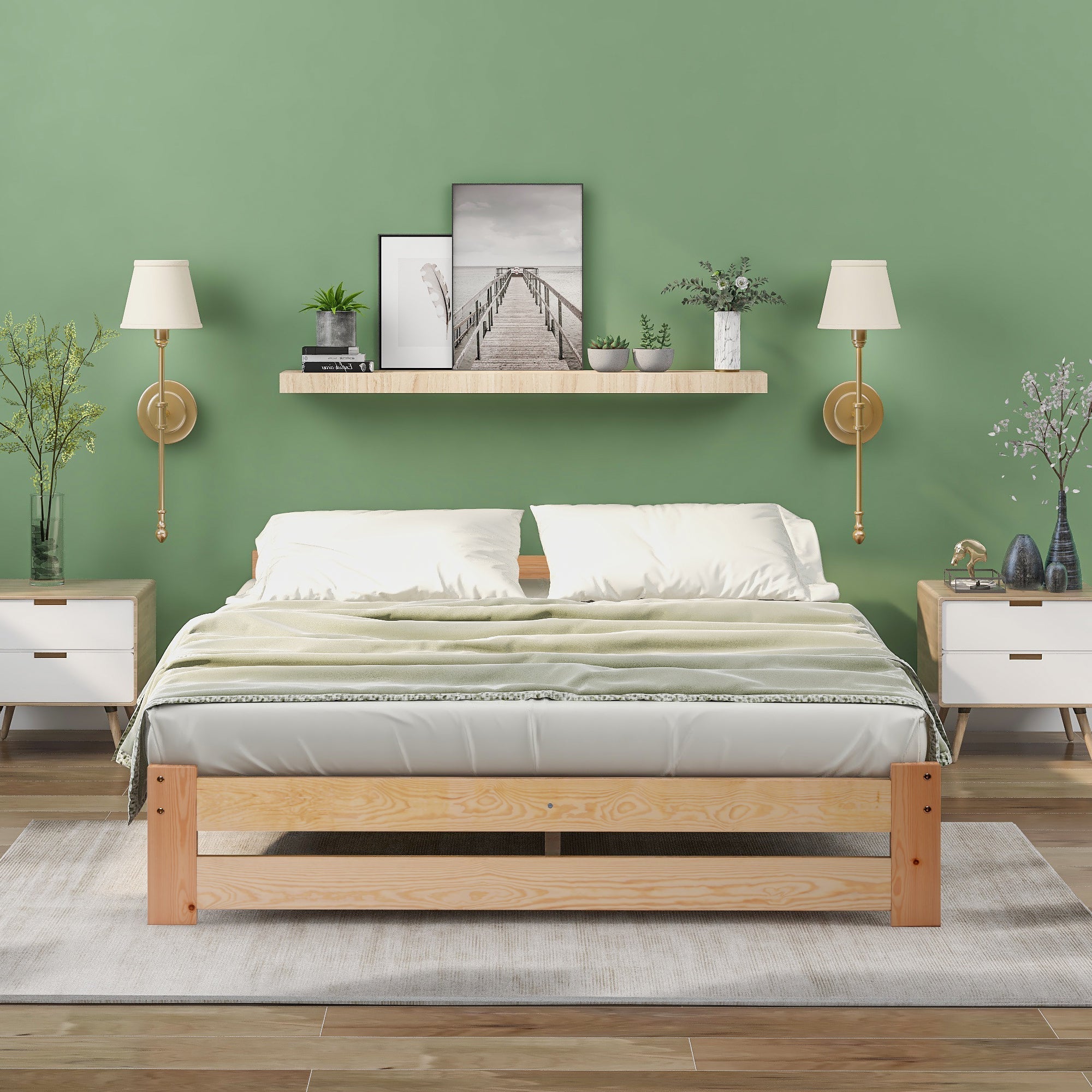 Solid Wood Bed Futon with Headboard & Slatted Frame, Natural