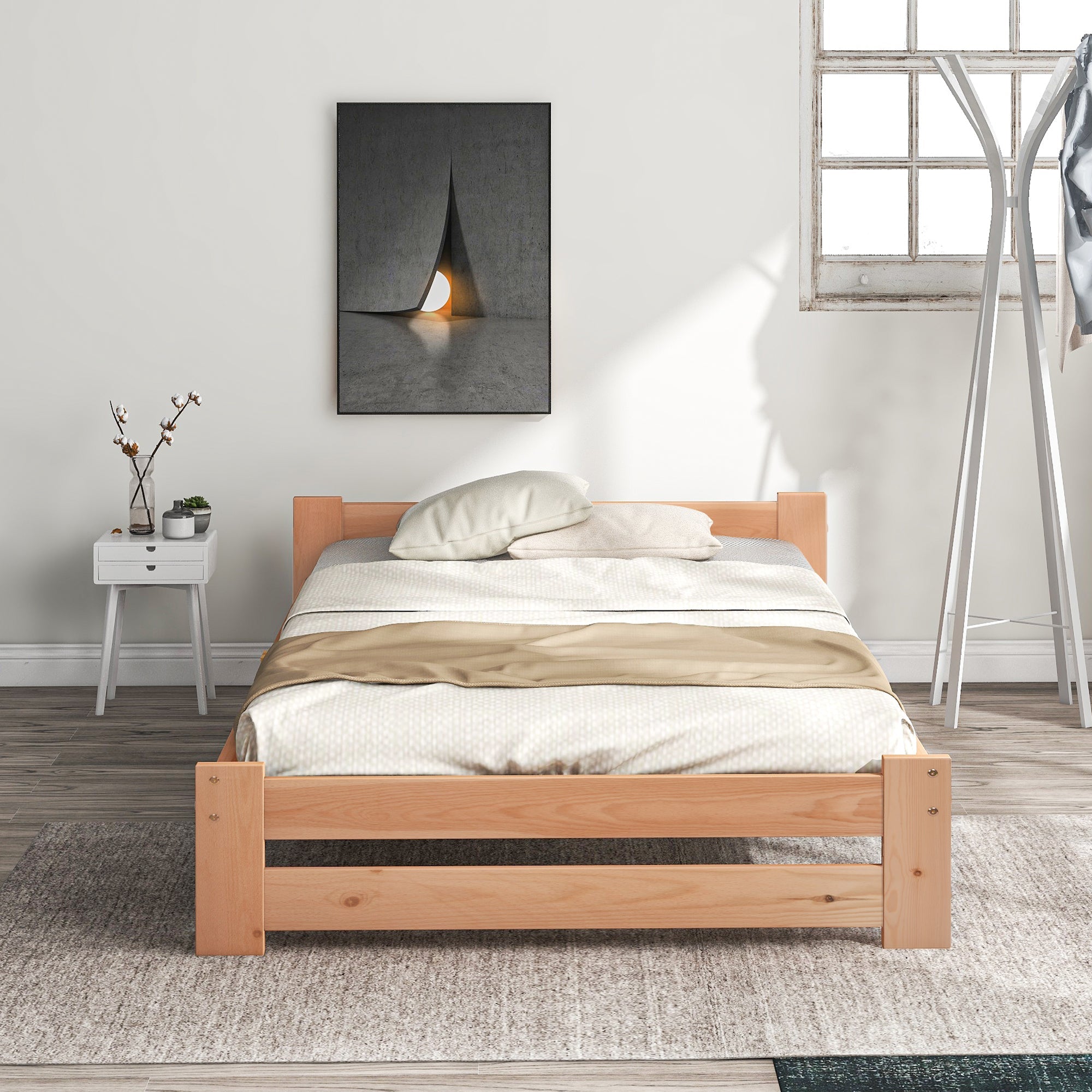 Solid Wood Futon Bed with Headboard and Slatted Base, Natural (200x90cm)