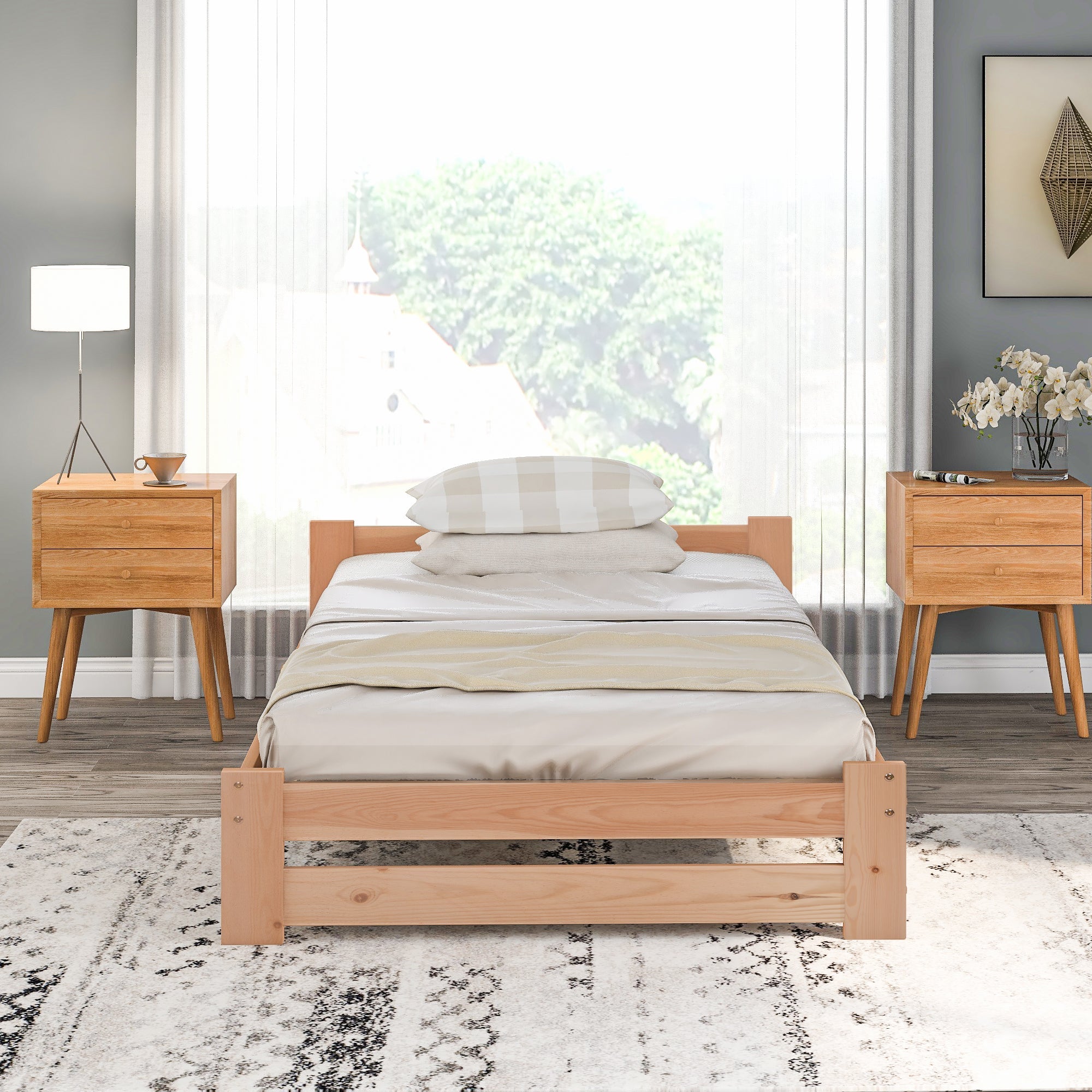 Solid Wood Futon Bed with Headboard and Slatted Base, Natural (200x90cm)