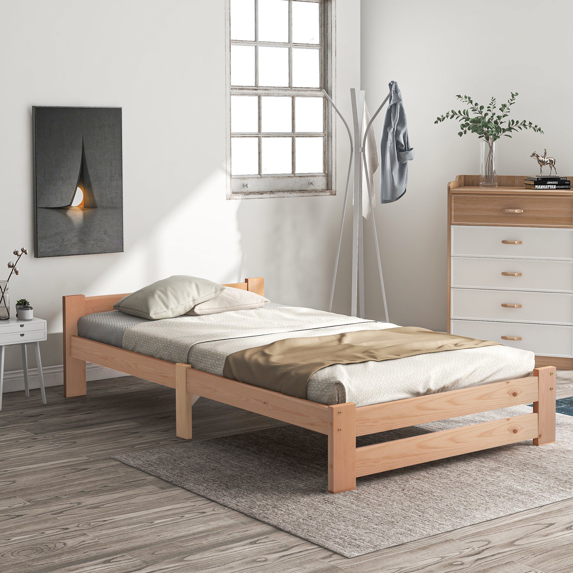 Solid Wood Futon Bed with Headboard and Slatted Base, Natural (200x90cm)