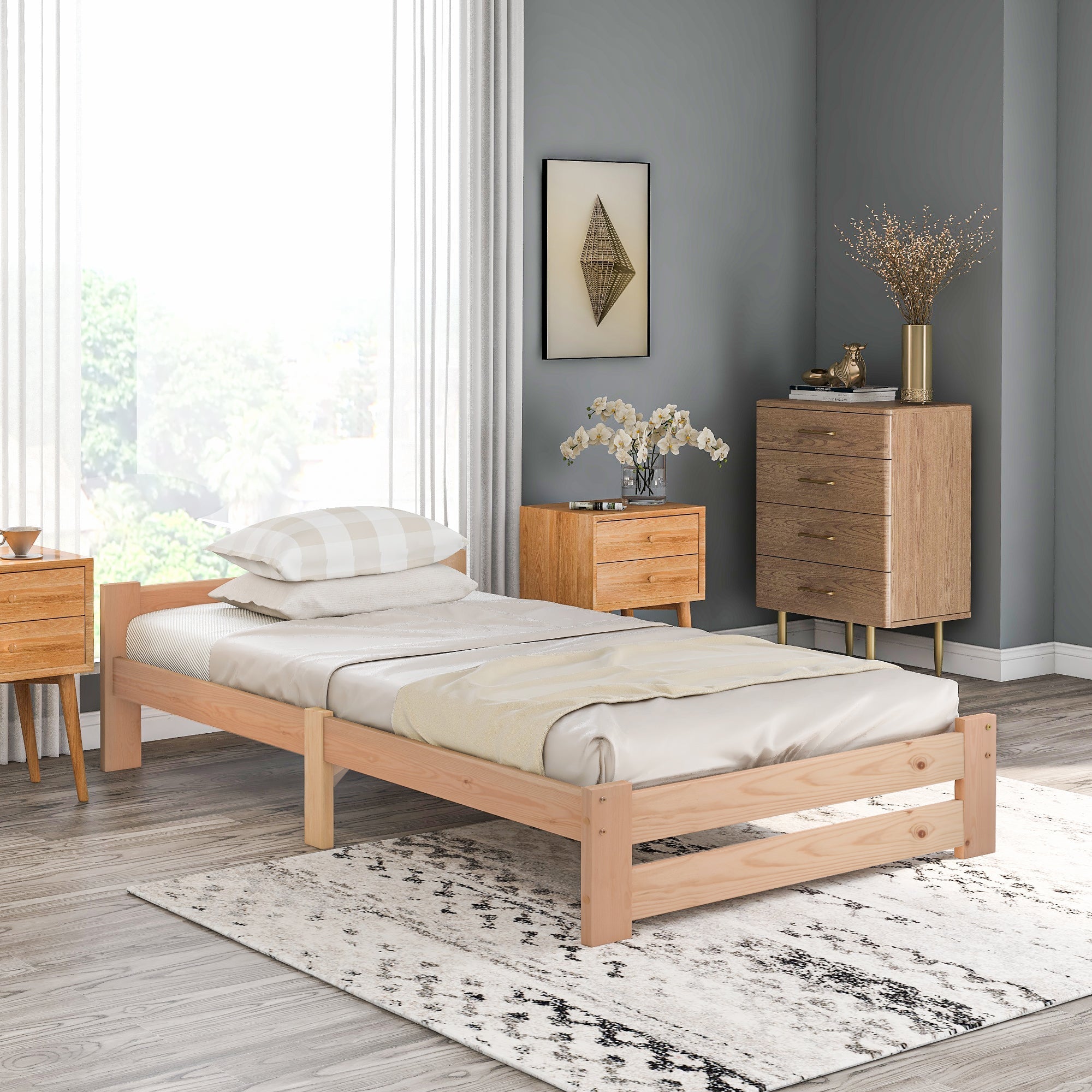 Solid Wood Futon Bed with Headboard and Slatted Base, Natural (200x90cm)