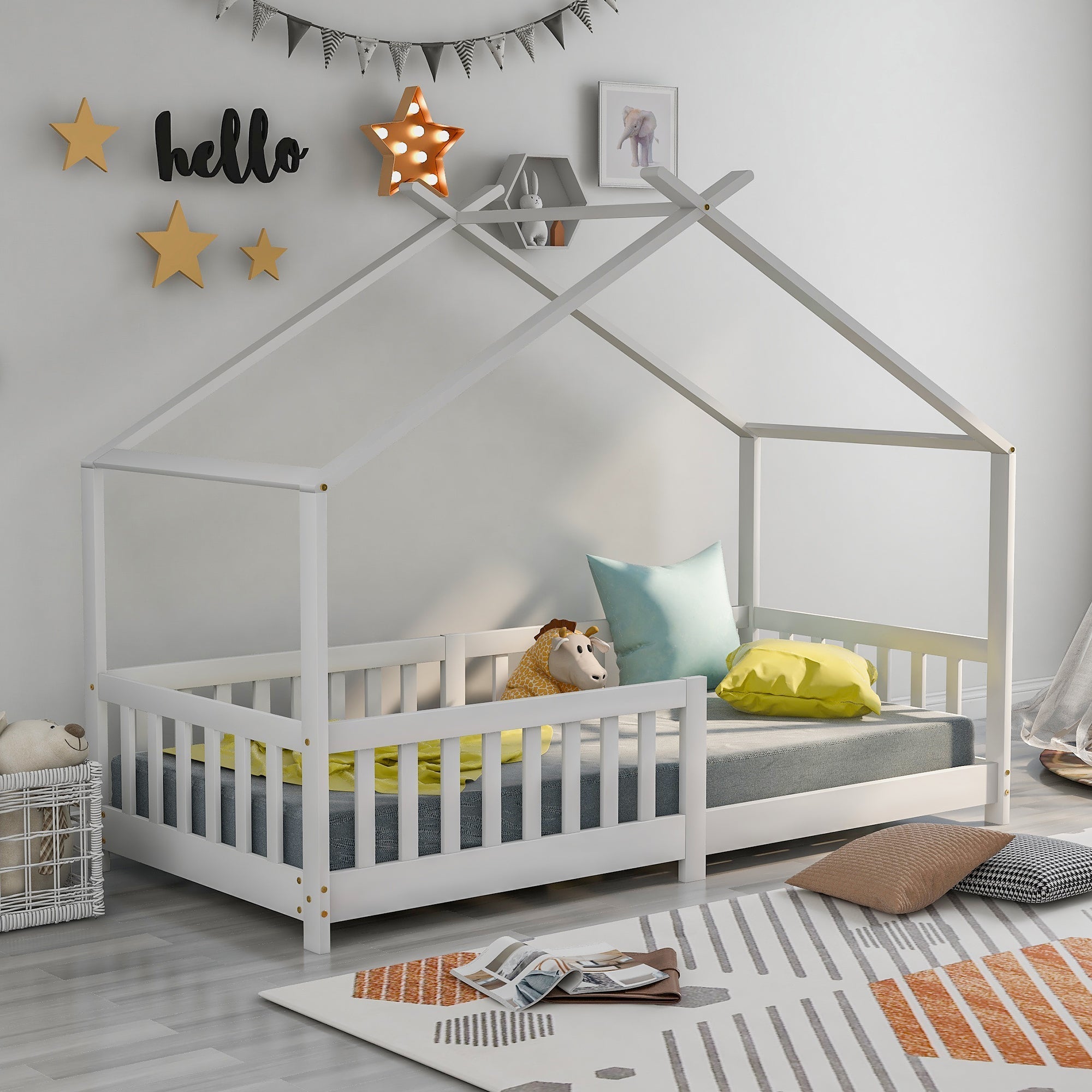 House Bed, Solid Wood with Fence & Slatted Frame, Fall Protection, White
