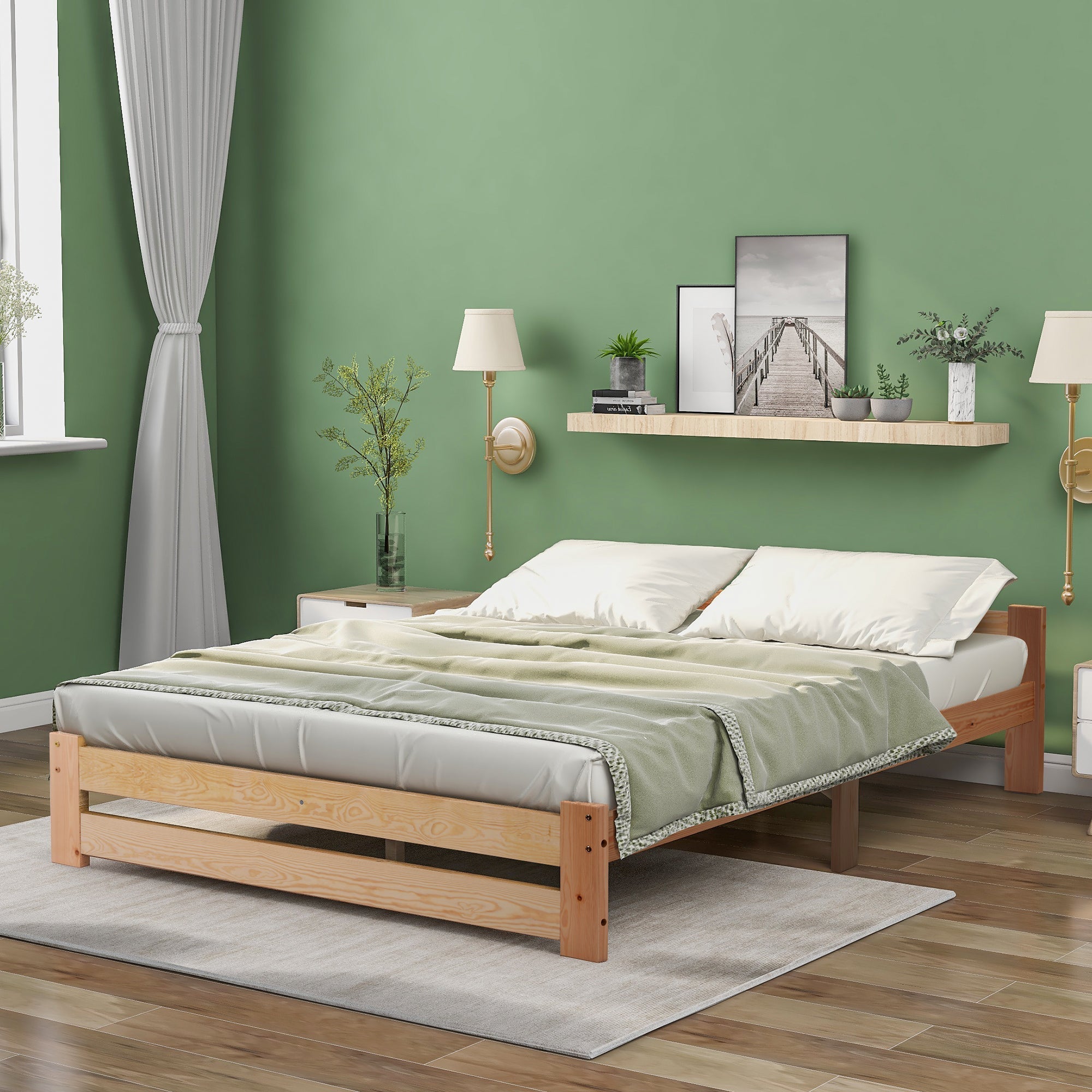 Solid Wood Bed Futon with Headboard & Slatted Frame, Natural