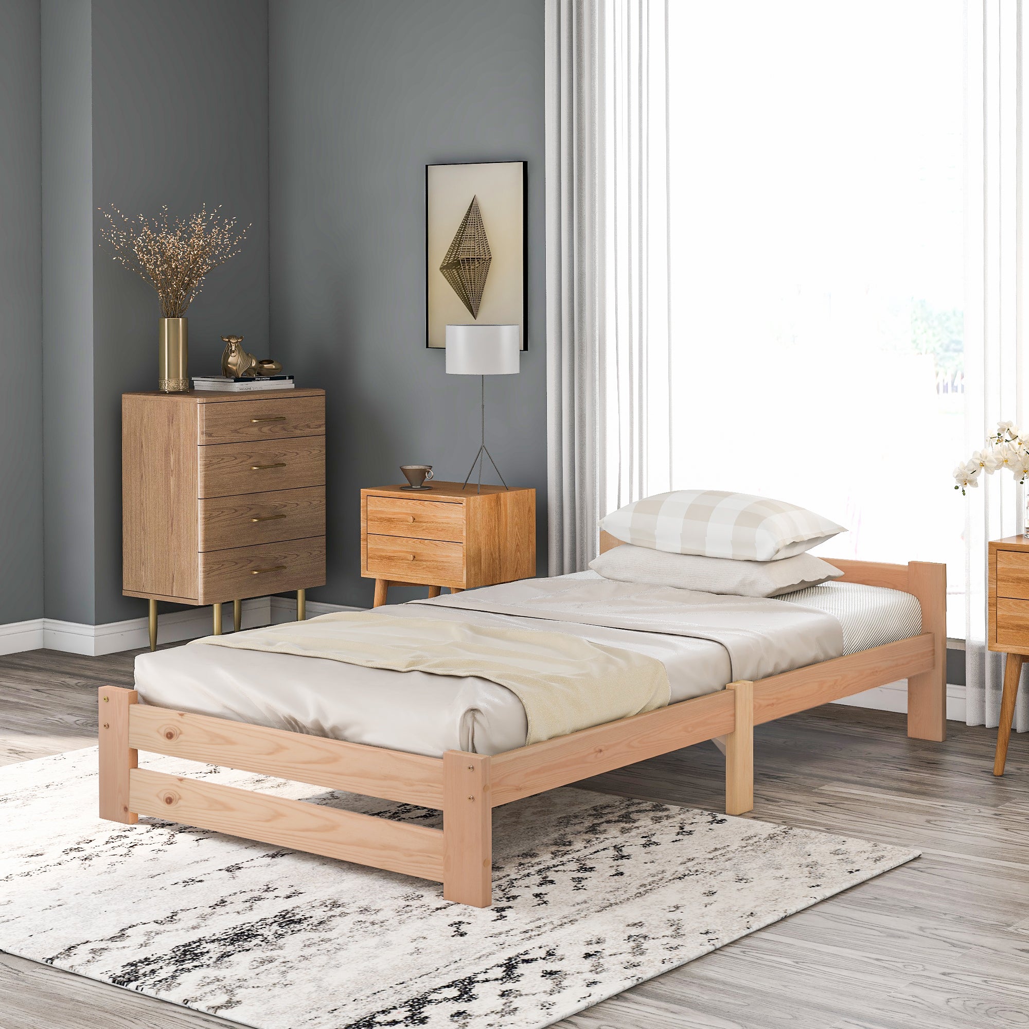 Solid Wood Futon Bed with Headboard and Slatted Base, Natural (200x90cm)