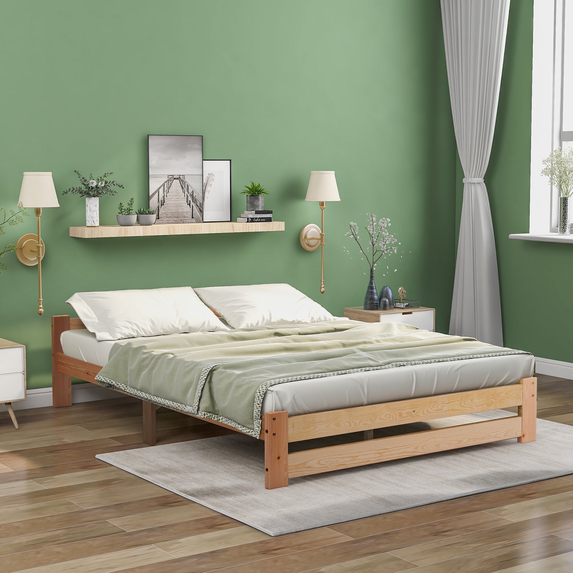 Solid Wood Bed Futon with Headboard & Slatted Frame, Natural