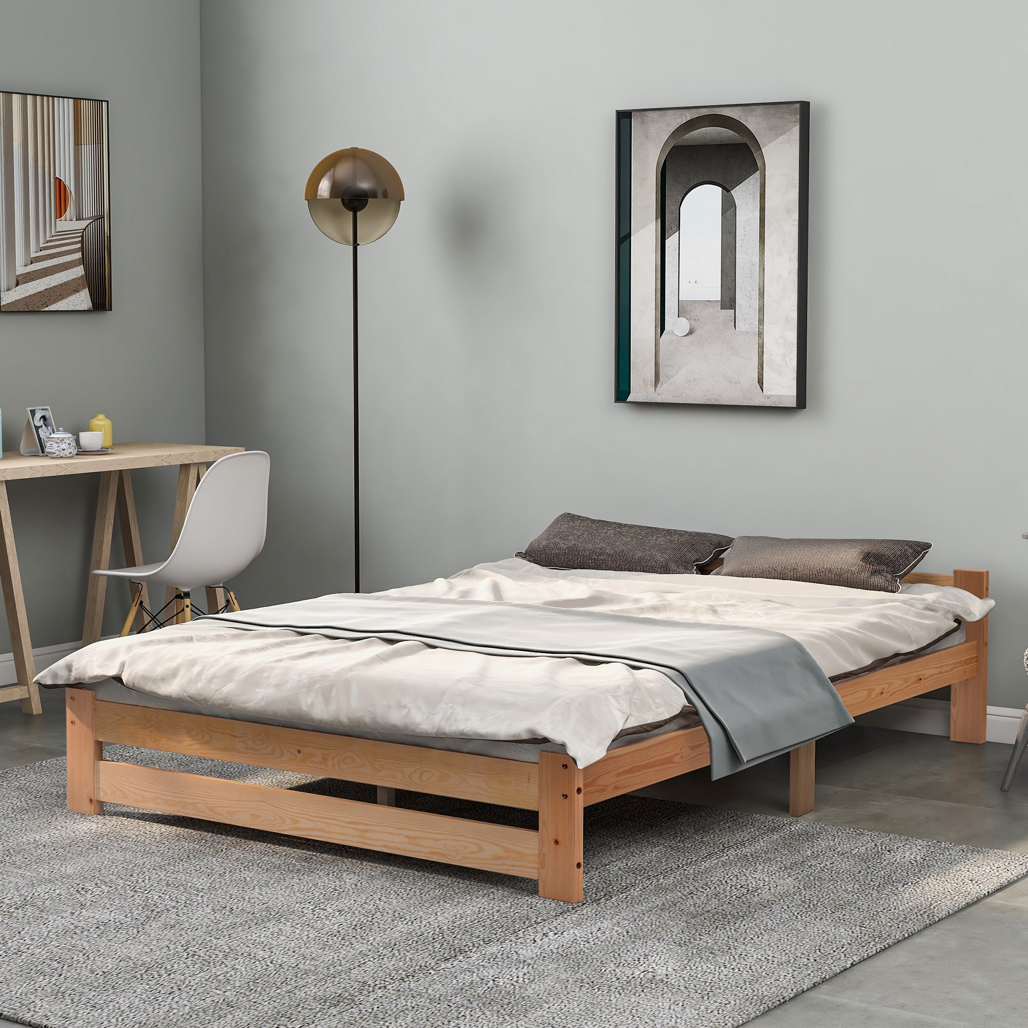 Solid Wood Bed Futon with Headboard & Slatted Frame, Natural