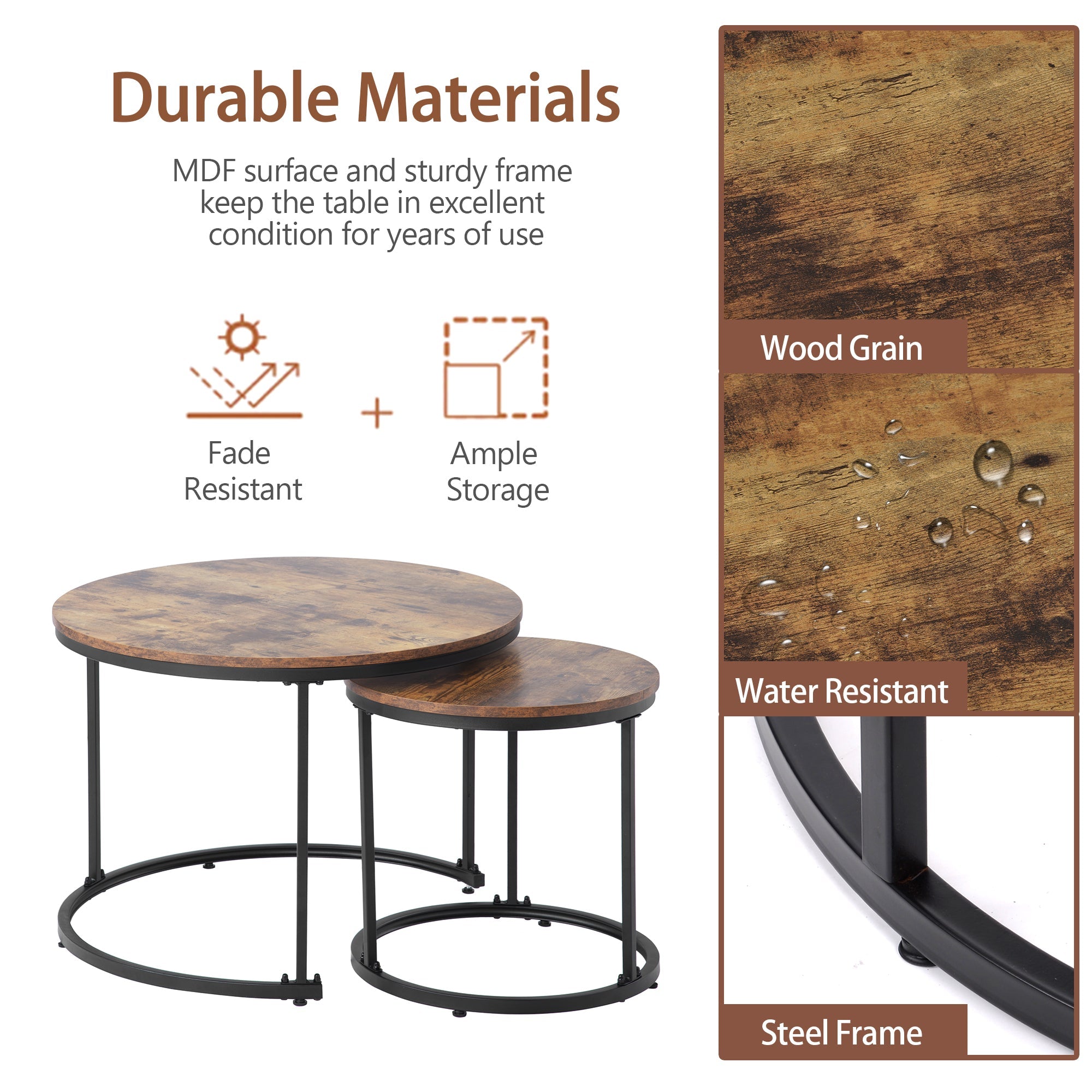 Round Coffee Table Set of 2, Nested Side Table, Brown