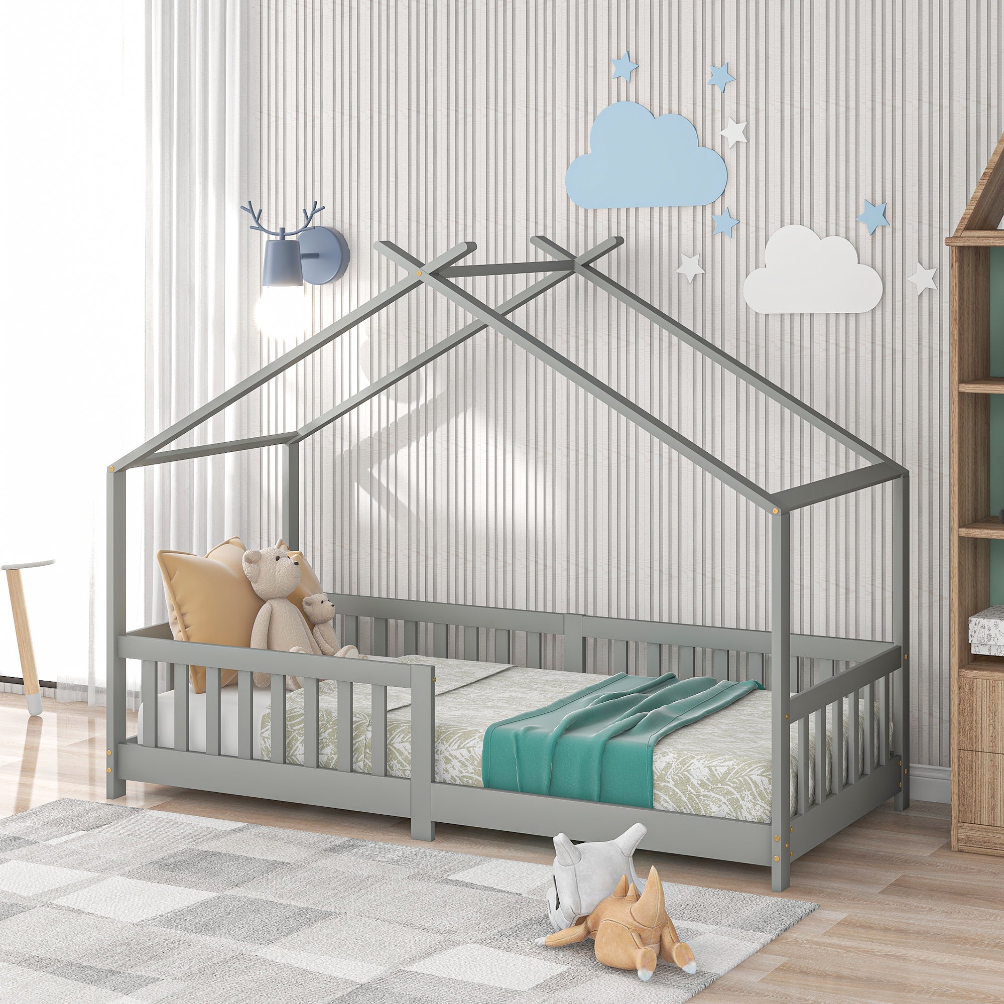 House Bed, Solid Wood with Fence & Fall Protection, Gray