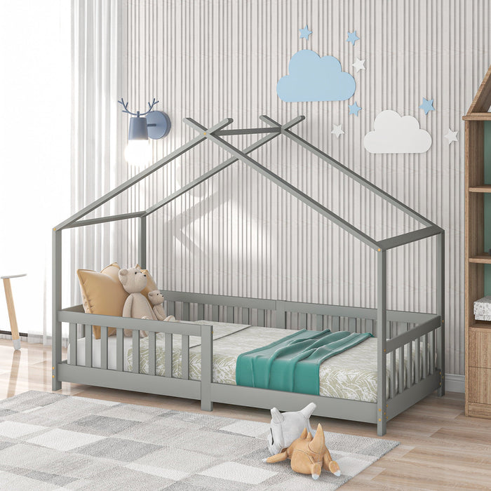 House Bed, Solid Wood with Fence & Fall Protection, Gray