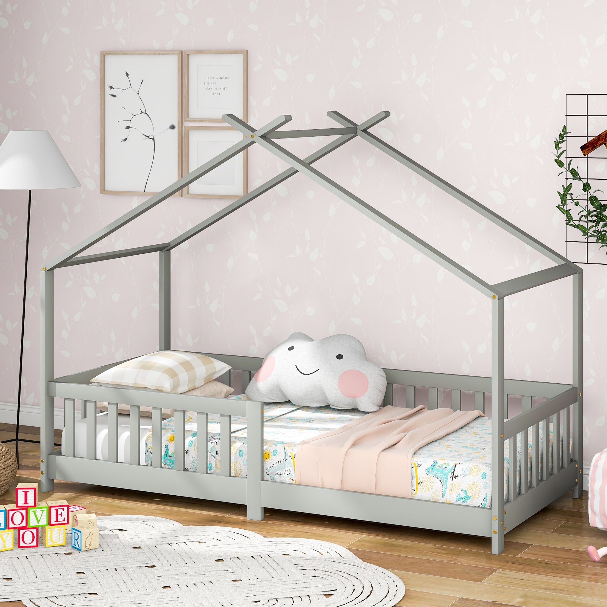 House Bed, Solid Wood with Fence & Fall Protection, Gray
