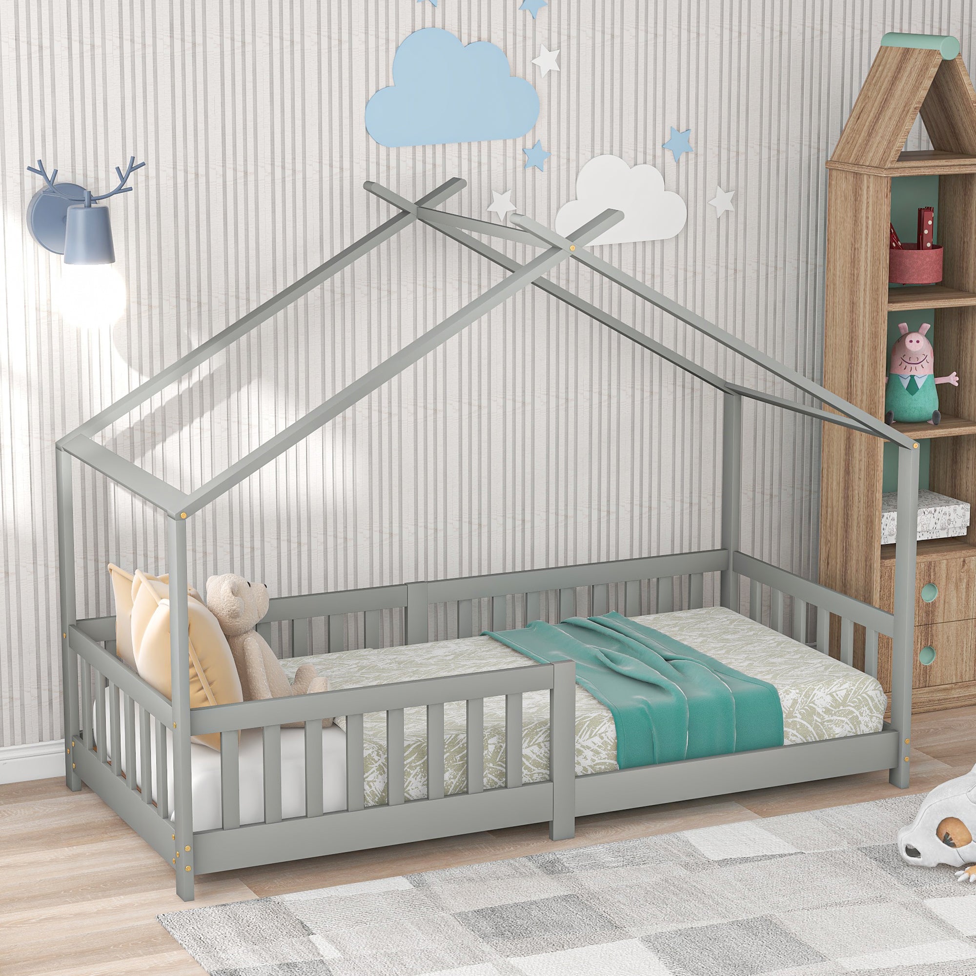 House Bed, Solid Wood with Fence & Fall Protection, Gray