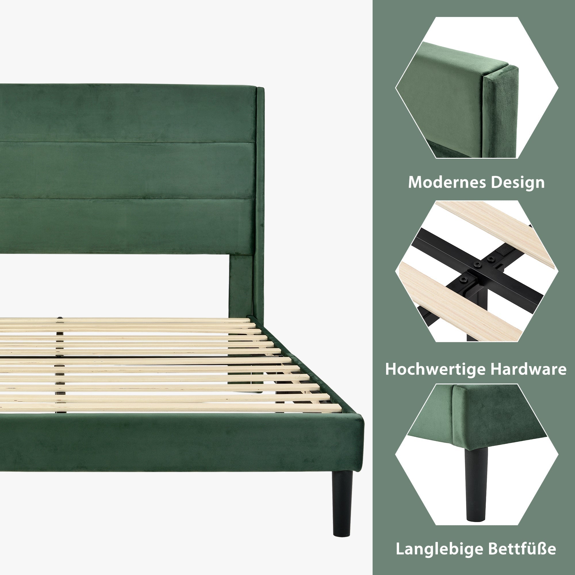 Upholstered Bed 140x200cm with Slatted Frame & Headboard, Velvet Dark Green