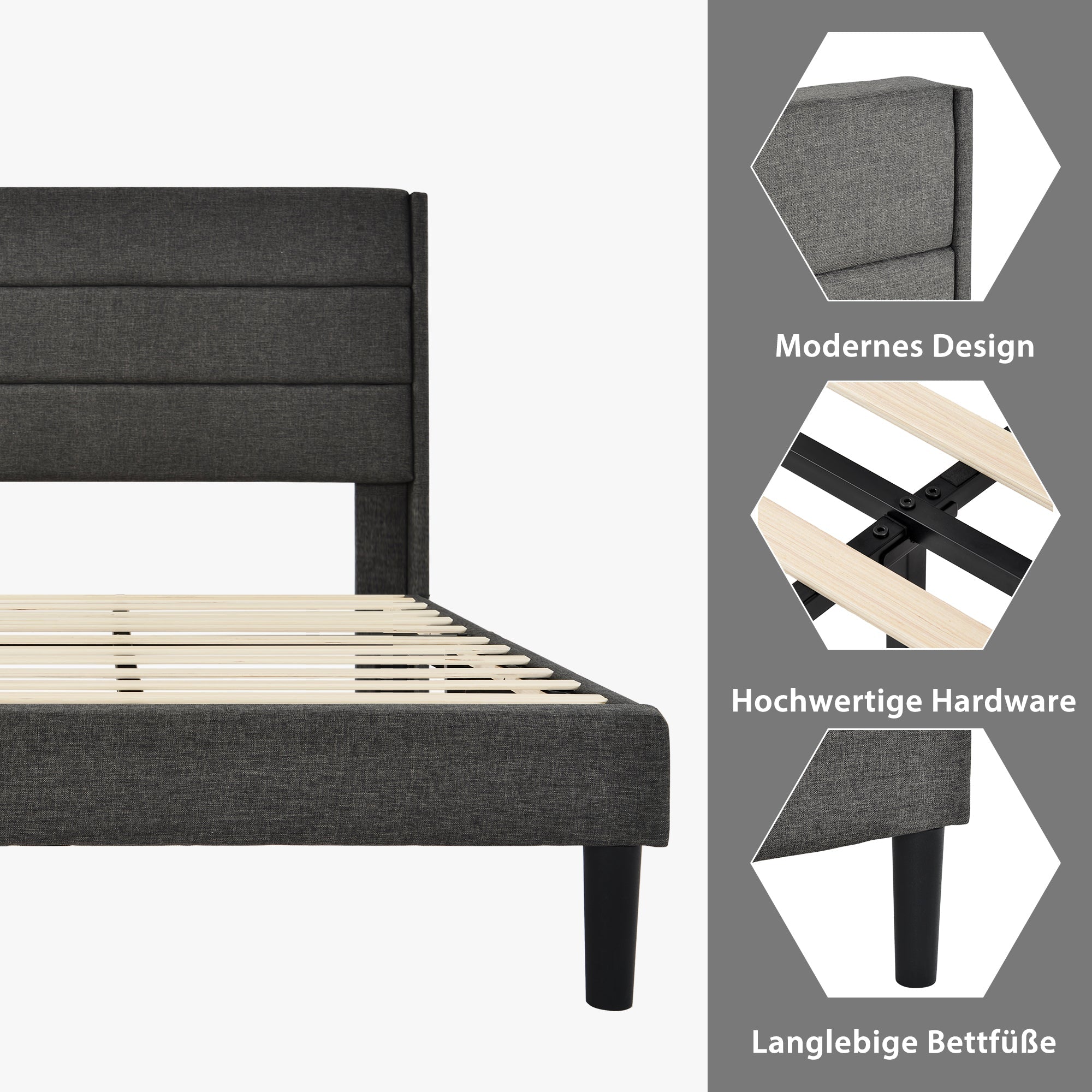 Upholstered Bed, 90x200cm with Slatted Frame & Headboard, Grey Linen