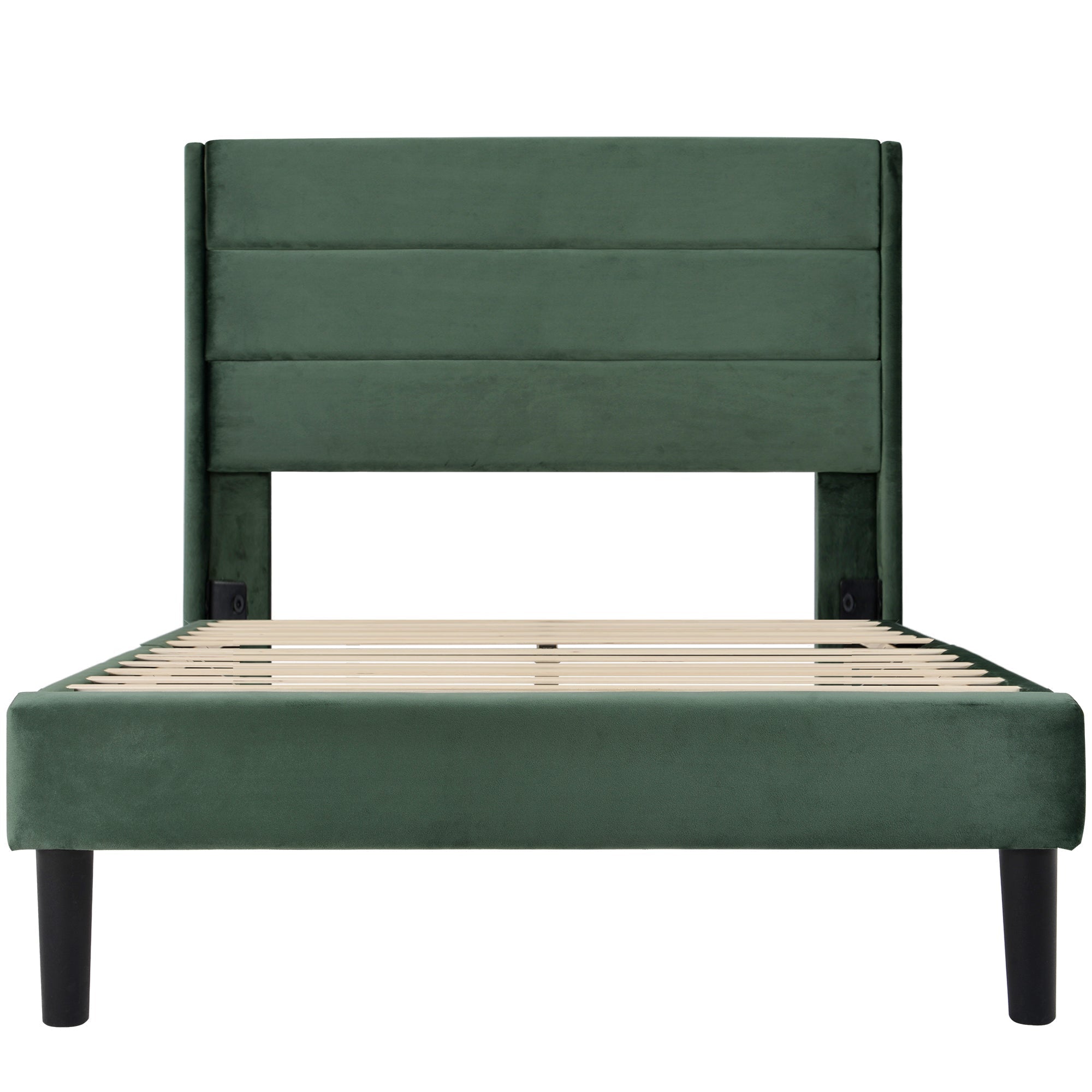 Upholstered Bed, 90 x 200 cm, Slatted Frame & Headboard, Velvet Dark Green