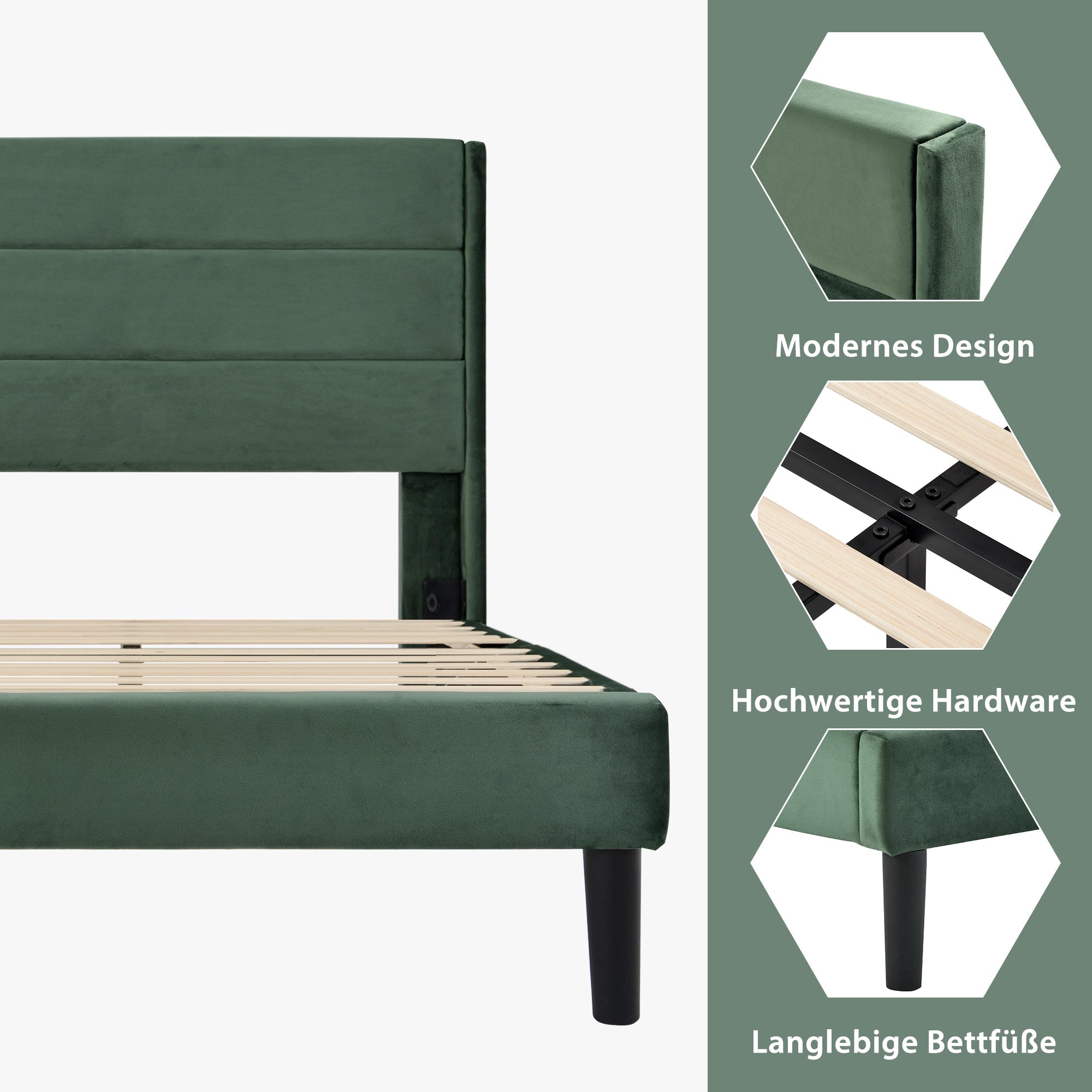 Upholstered Bed, 90x200cm Double with Slatted Frame & Headboard, Dark Green Velvet