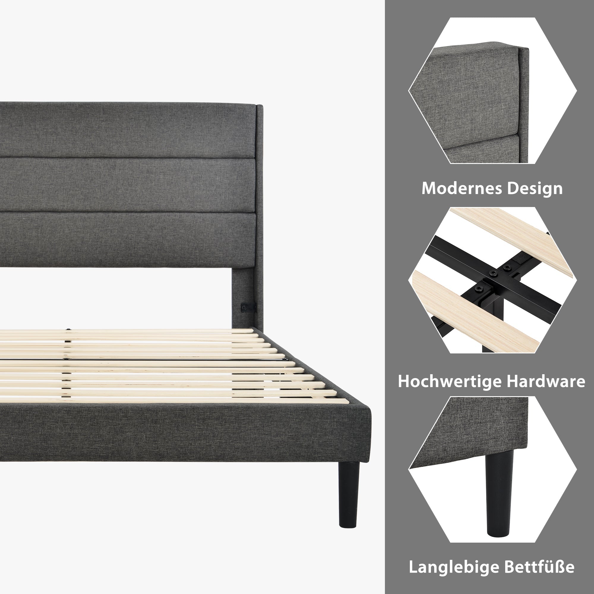 Upholstered Bed 140x200cm, Double with Slatted Frame & Headboard, Dark Grey Linen