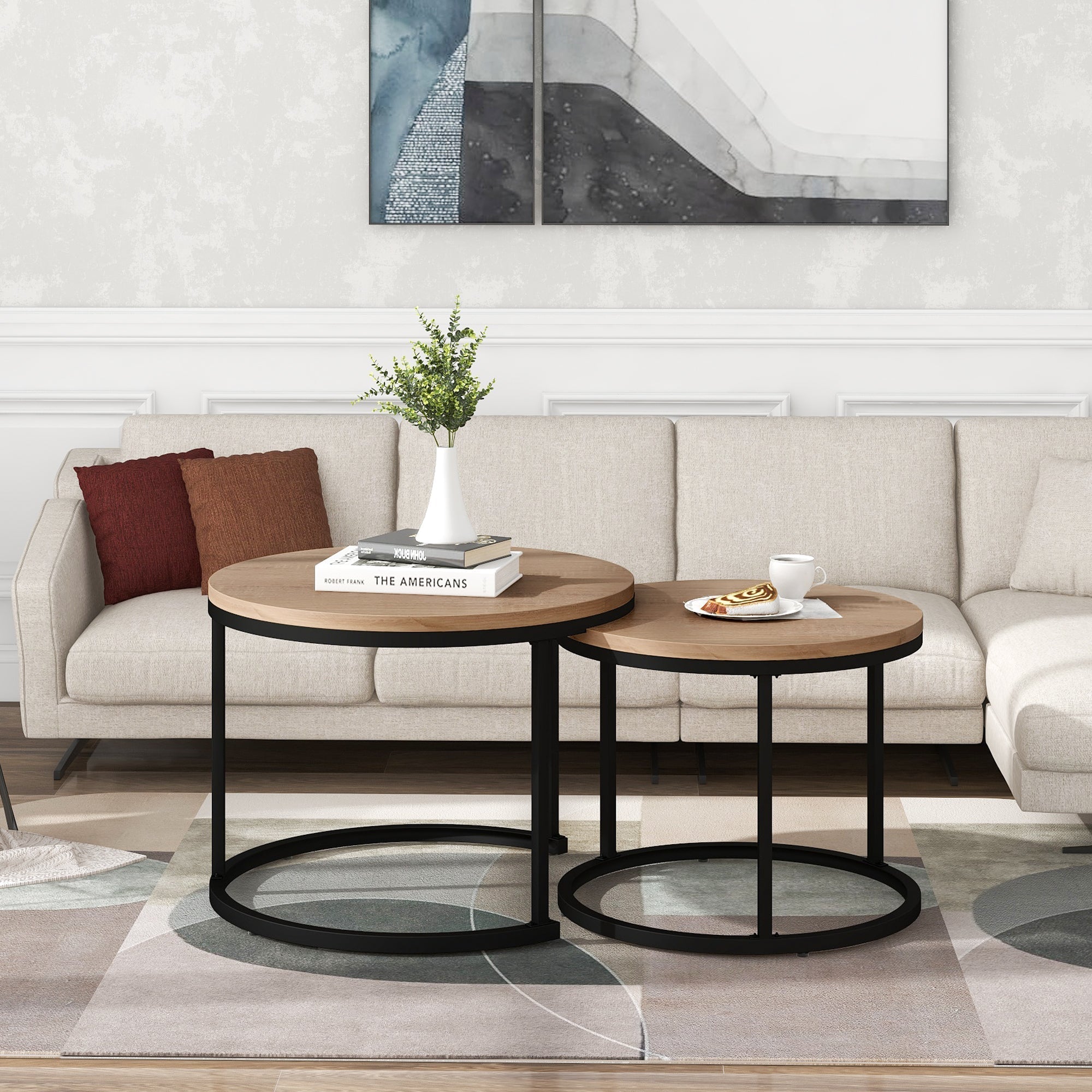 Round coffee table set of 2 nested side tables (oak)