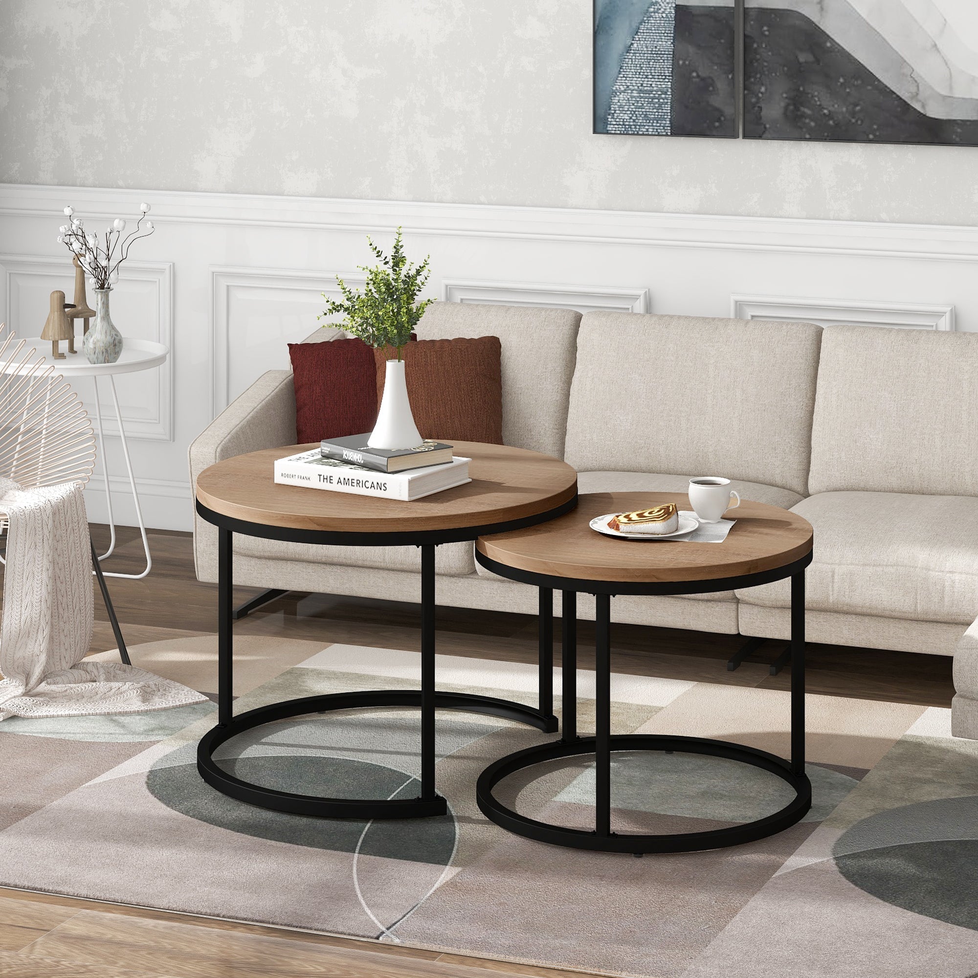 Round coffee table set of 2 nested side tables (oak)