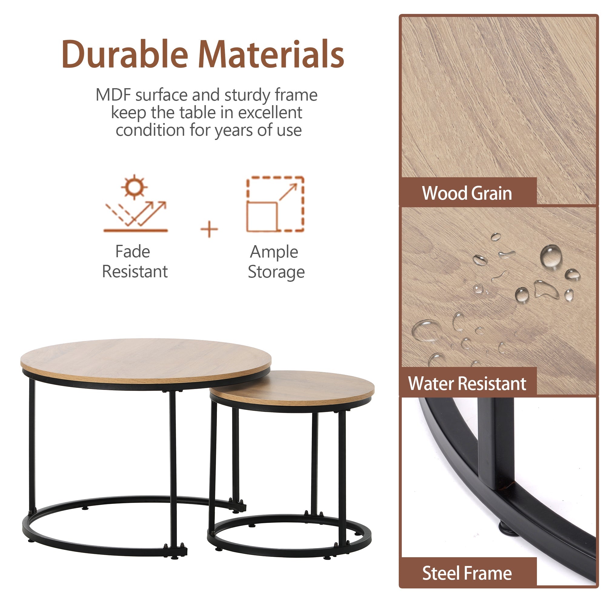 Round coffee table set of 2 nested side tables (oak)