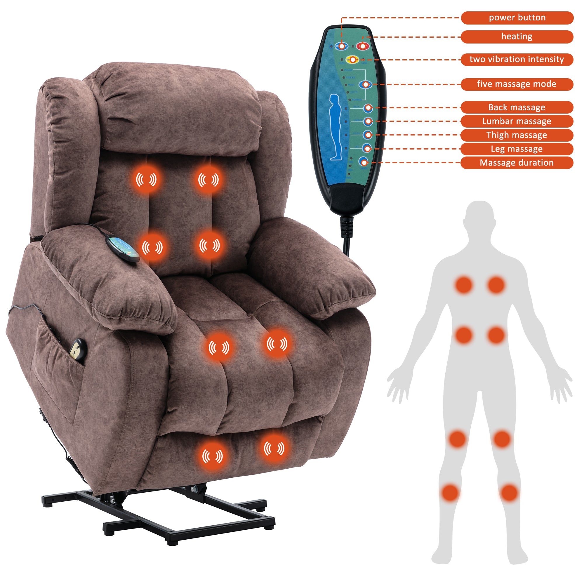 Power Massage Lift Recliner Chair with Heat & Vibration, Heavy Duty and Safety Motion - Antiskid Fabric
