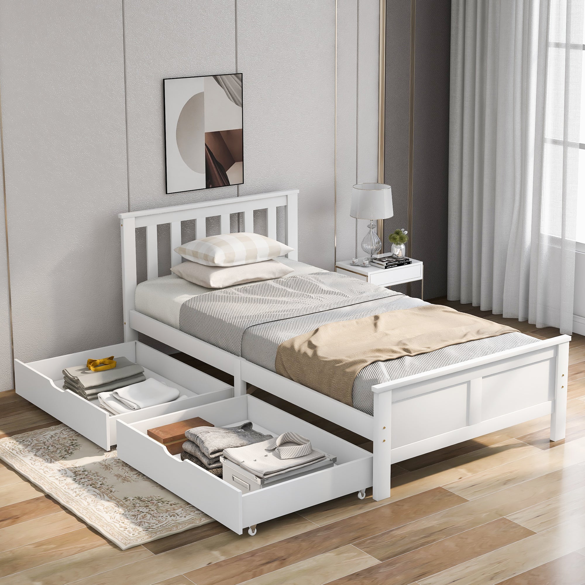 Solid White Pine Single Storage Bed with Integrated Drawers – 3ft (90 × 190 cm)