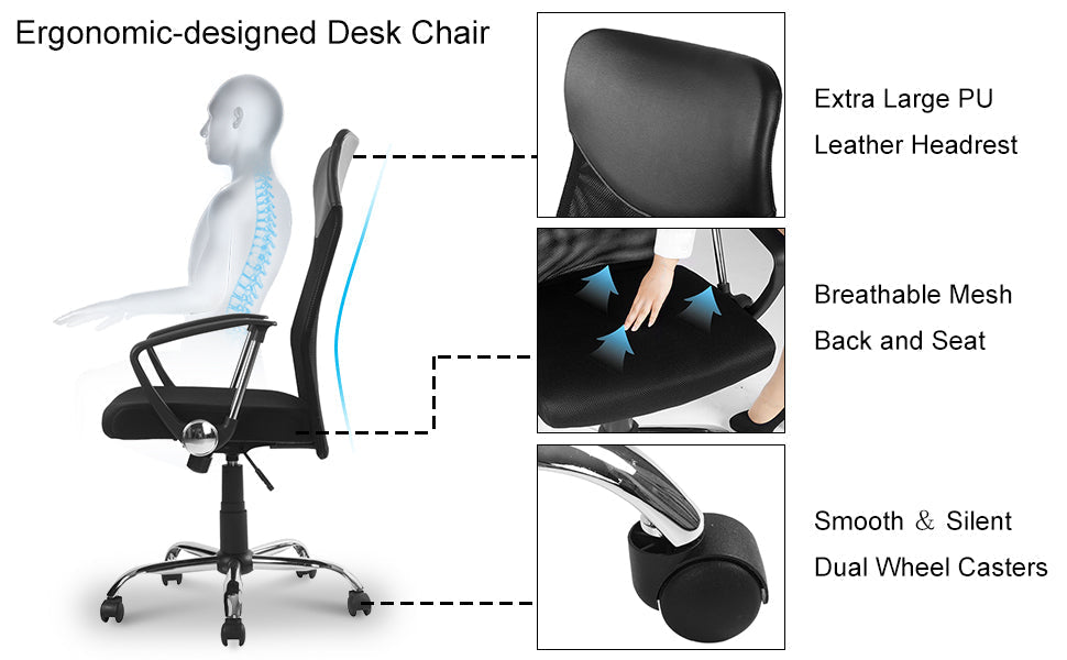 Mesh High Back Executive Office Chair, Recline, Swivel, Black Mesh Seat