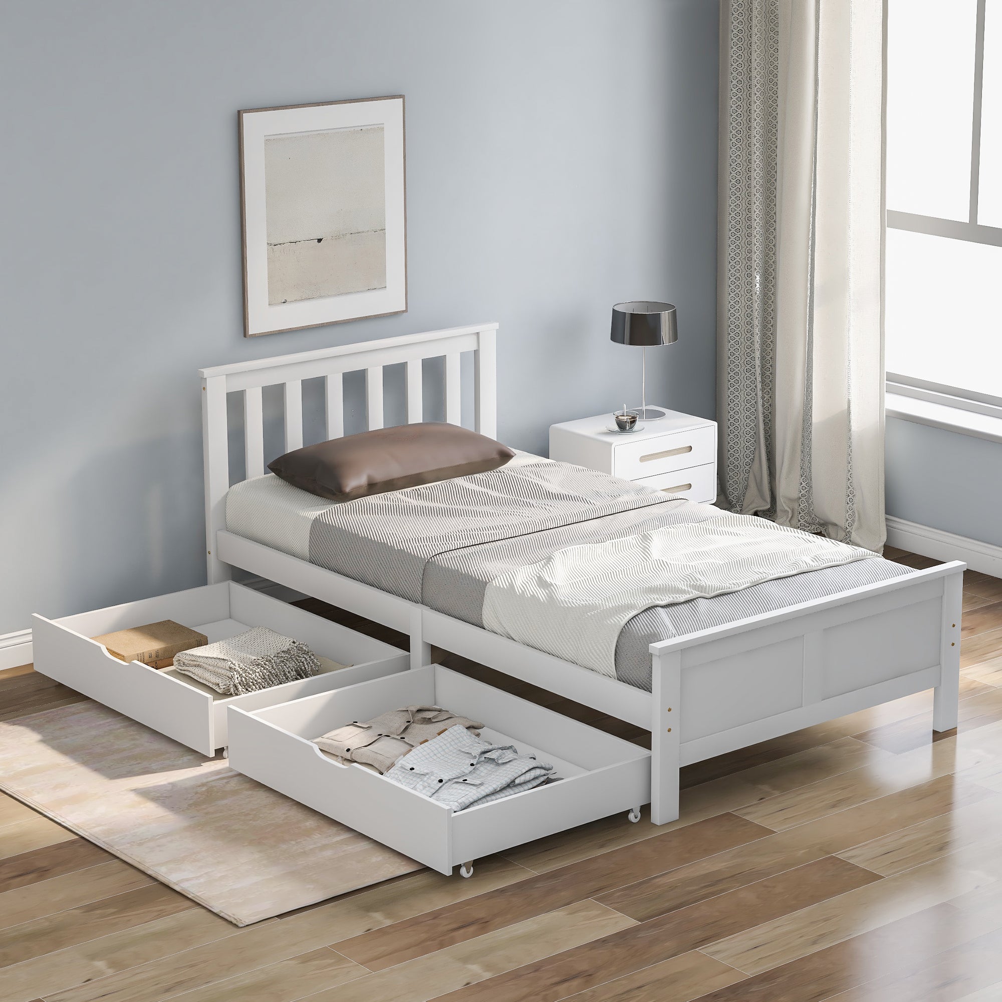 Solid White Pine Single Storage Bed with Integrated Drawers – 3ft (90 × 190 cm)