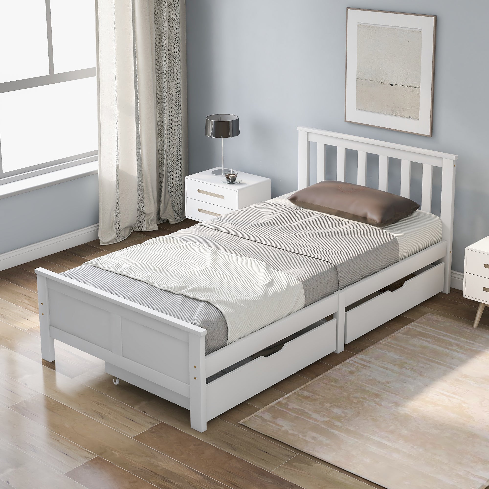 Solid White Pine Single Storage Bed with Integrated Drawers – 3ft (90 × 190 cm)