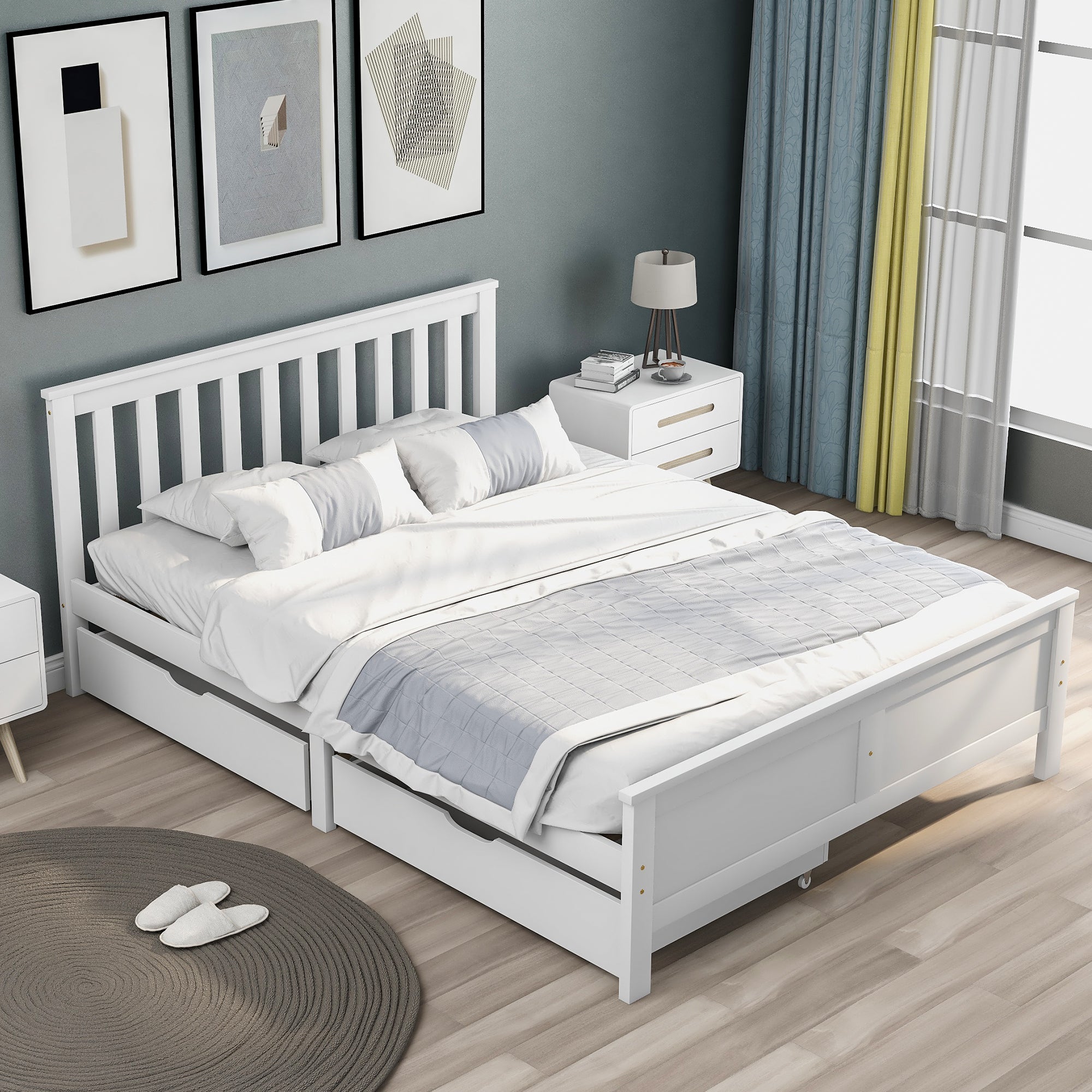 Wooden Storage Bed with Drawers, Solid Pine Frame, 4ft6 Double, White