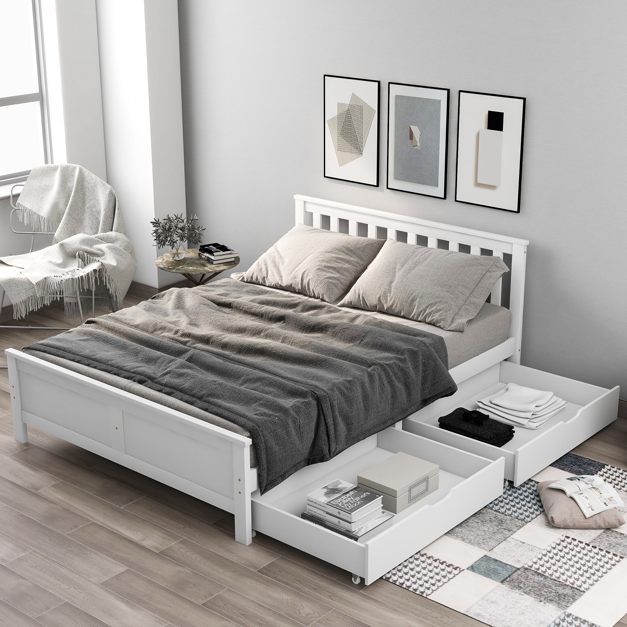 Wooden Storage Bed with Drawers, Solid Pine Frame, 4ft6 Double, White