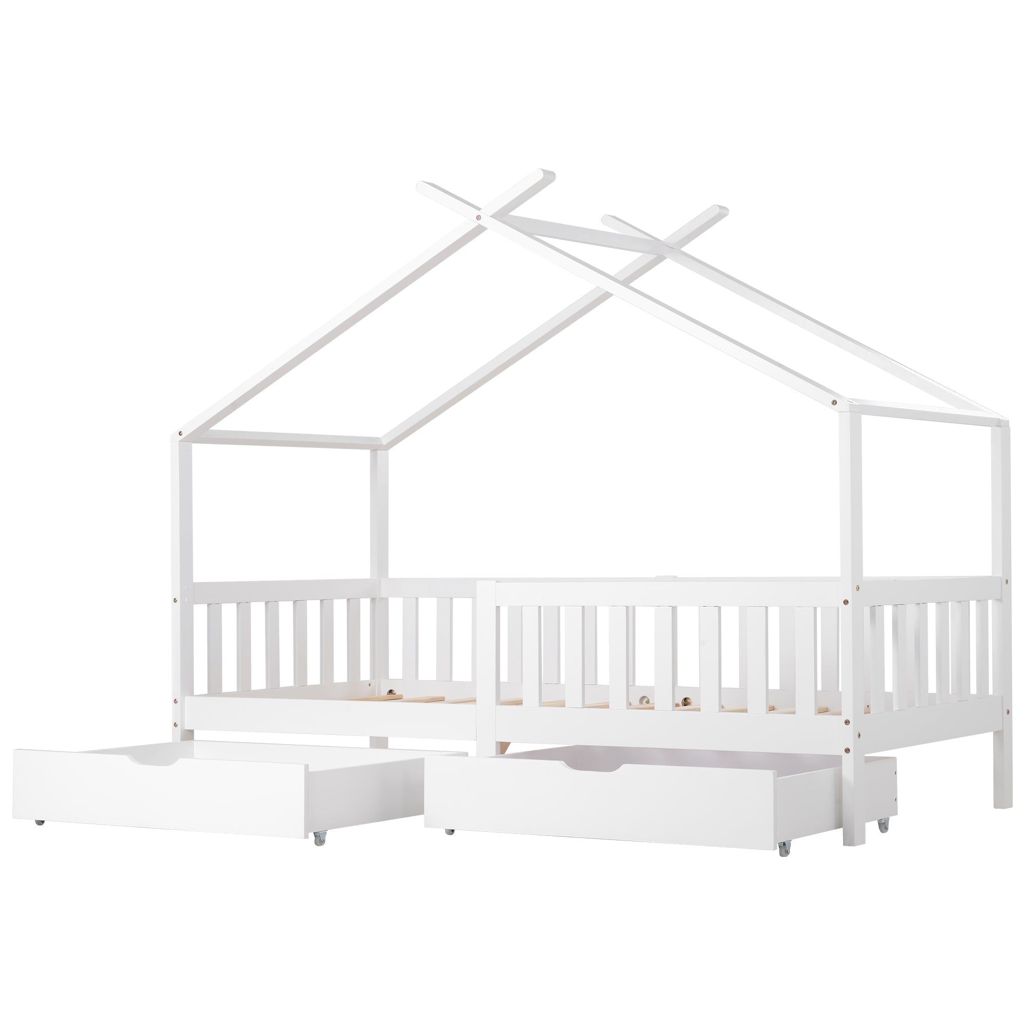 House Bed Children's, 2 Drawers Solid Wood Fence Fall Protection, White
