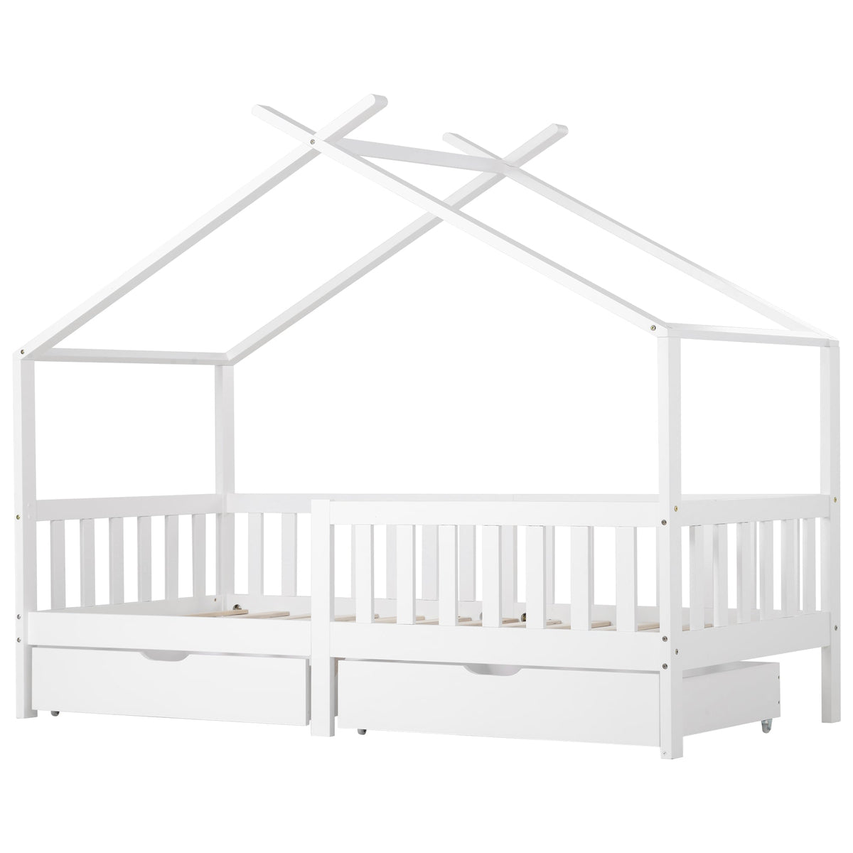 House Bed Children's, 2 Drawers Solid Wood Fence Fall Protection, White