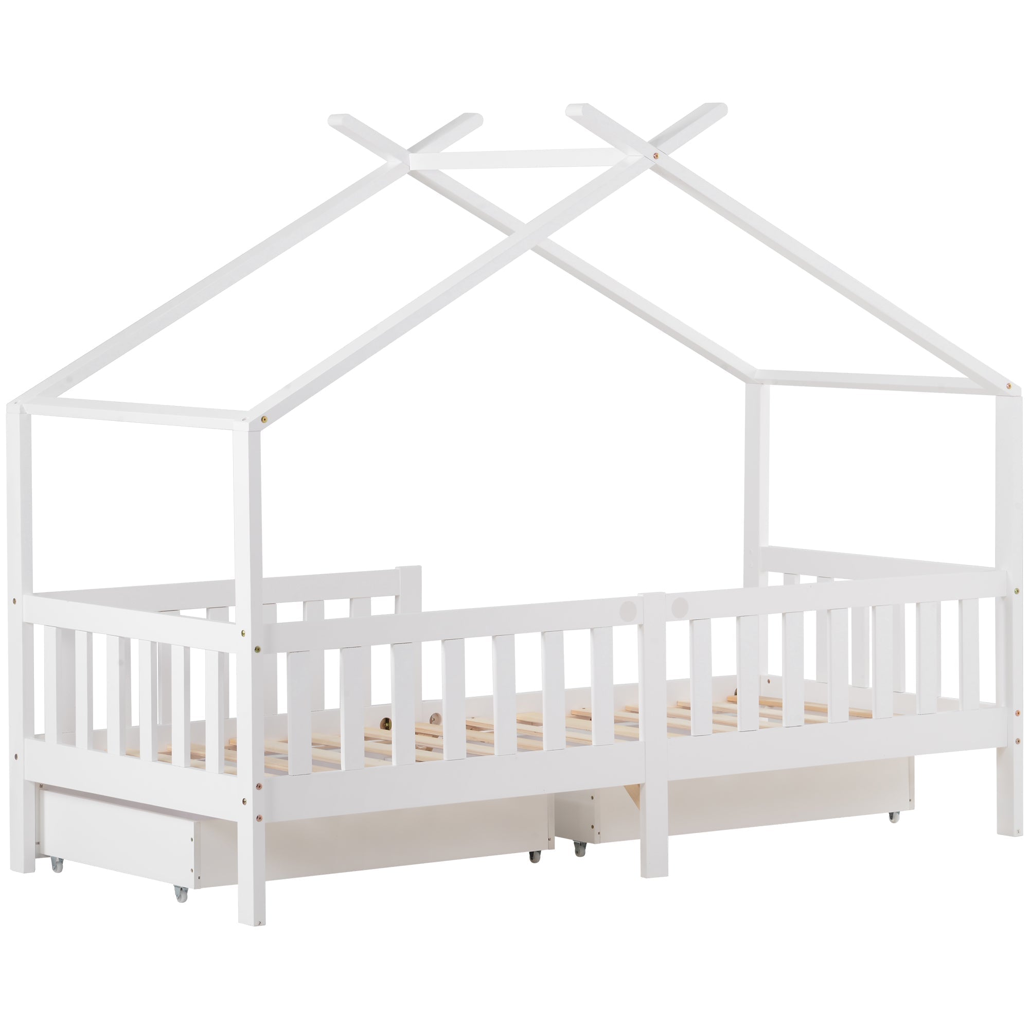 House Bed Children's, 2 Drawers Solid Wood Fence Fall Protection, White