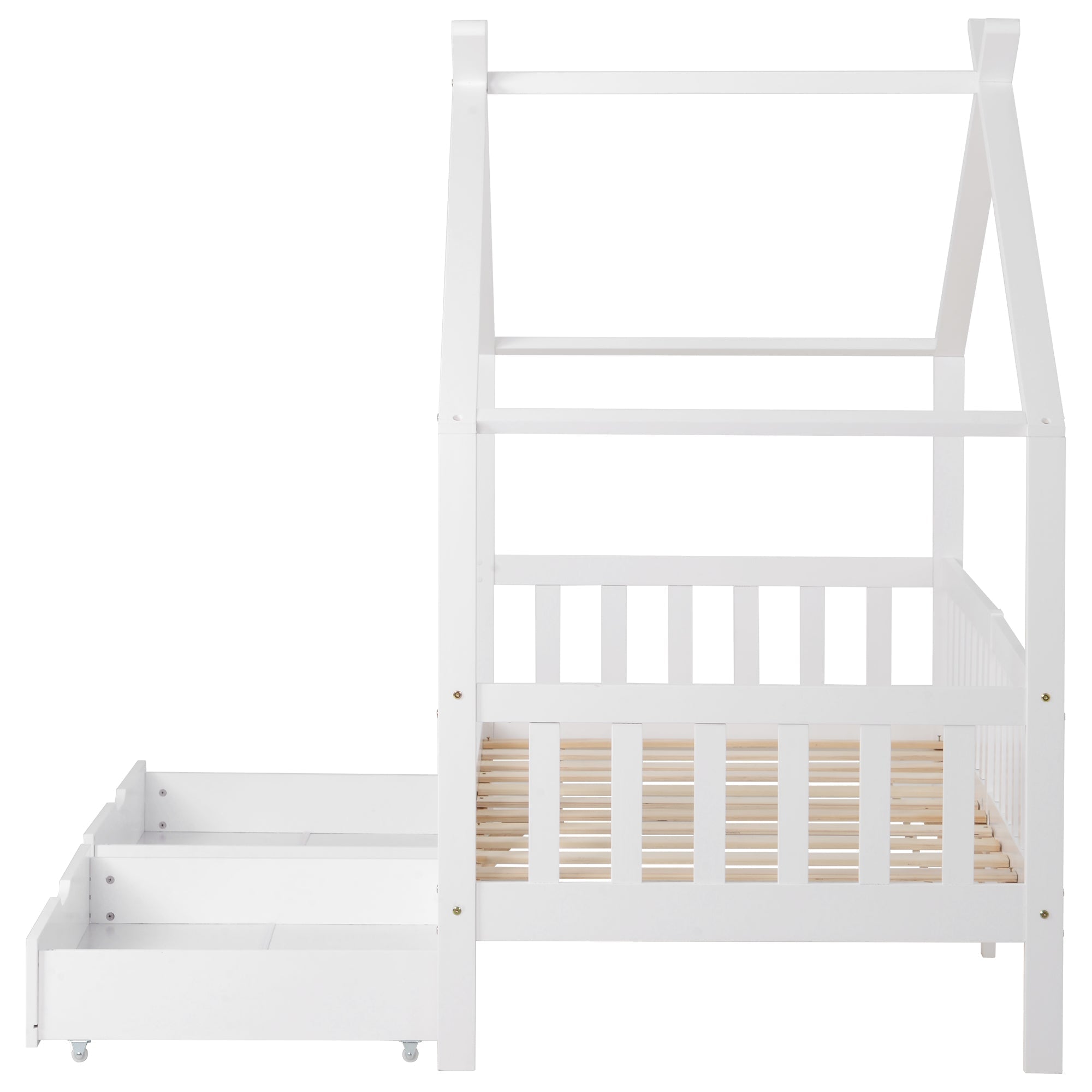 House Bed Children's, 2 Drawers Solid Wood Fence Fall Protection, White