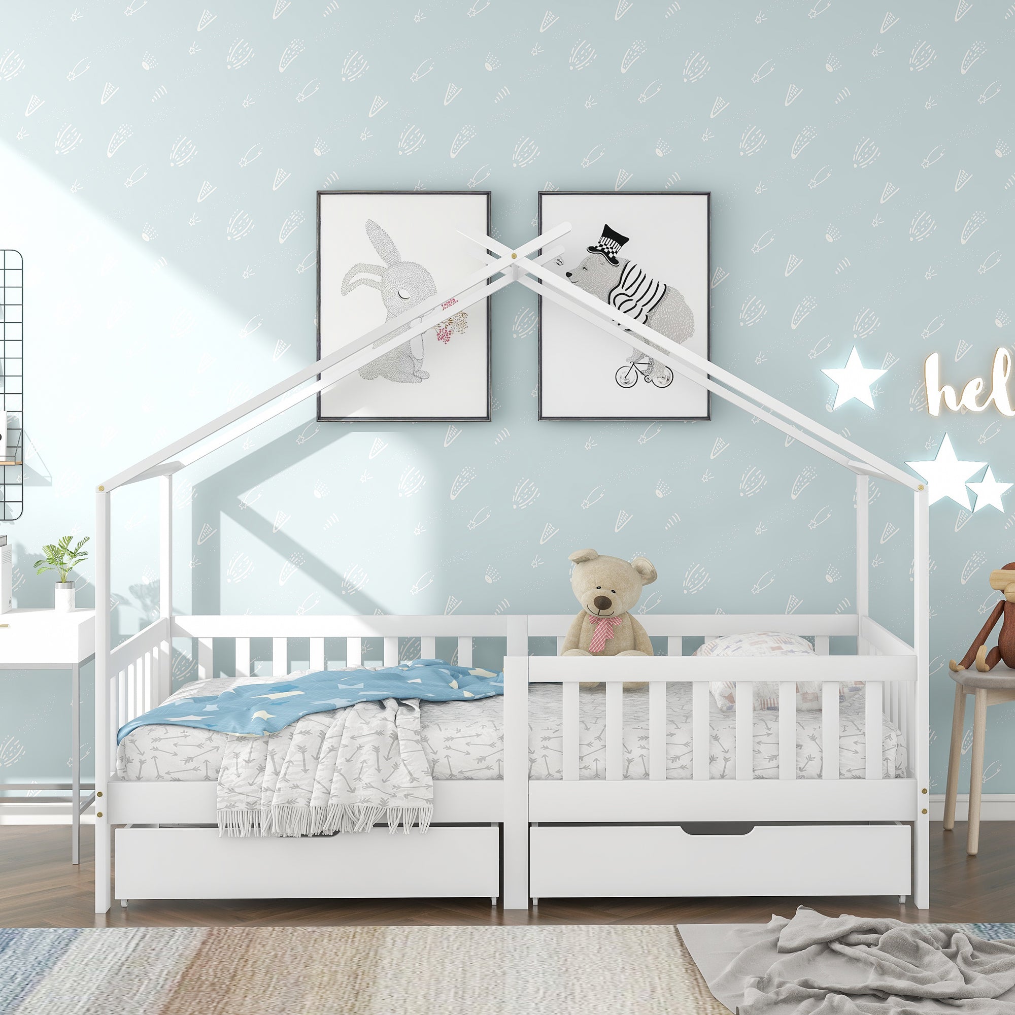 House Bed Children's, 2 Drawers Solid Wood Fence Fall Protection, White