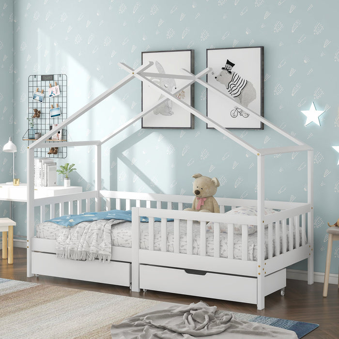 House Bed Children's, 2 Drawers Solid Wood Fence Fall Protection, White