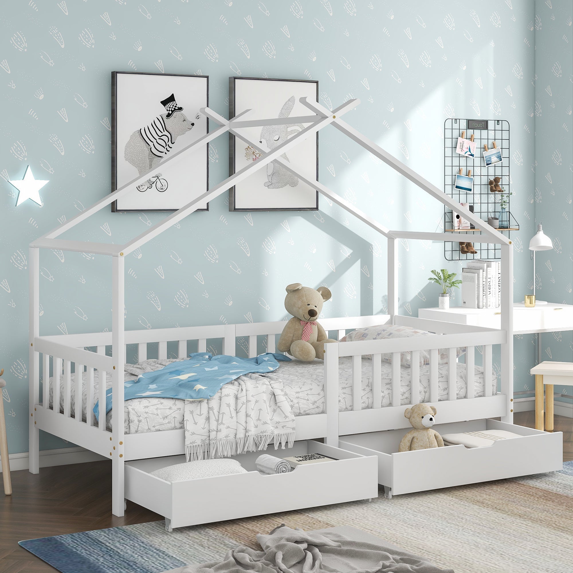 House Bed Children's, 2 Drawers Solid Wood Fence Fall Protection, White